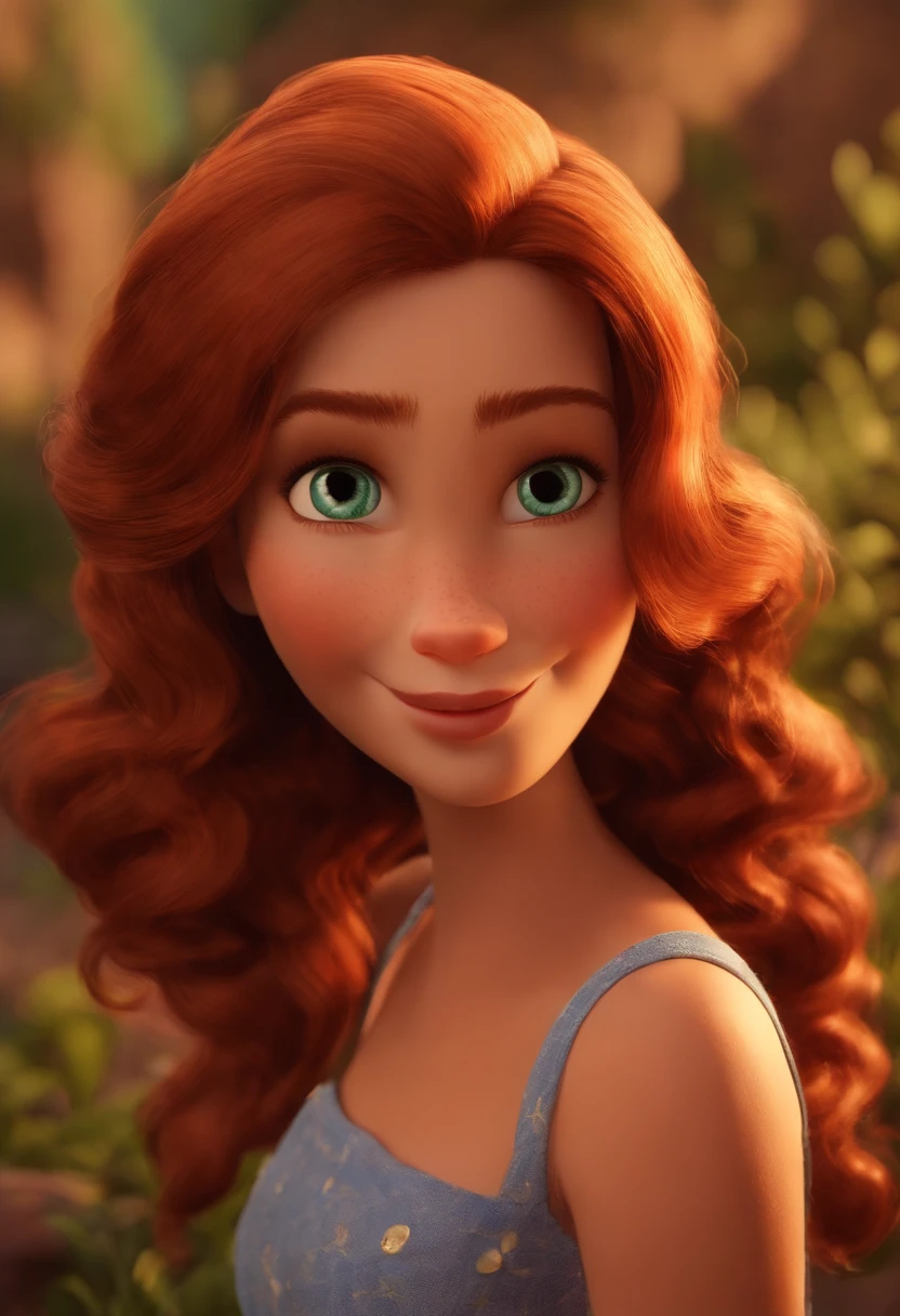 Imagem estilo Pixar com personagem 3D mulher ruiva cabelo cacheado curto caminhando, vestido longo,Maquiagem Disney, Pescador, bonitinho, sorridente ,Close-up, Pixar, Disney, Cinema lighting,