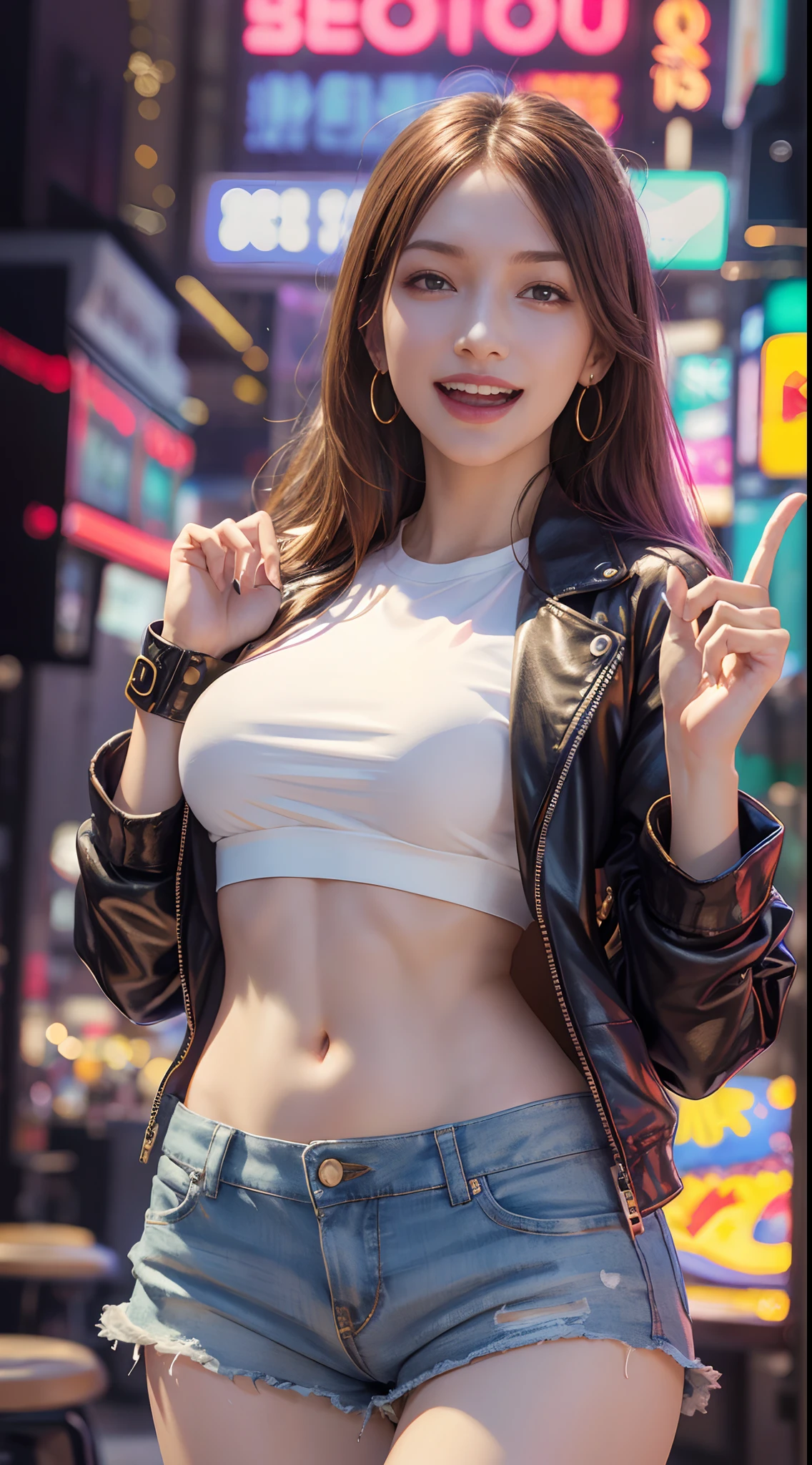 8k, Best Quality, (Beauty), High Definition, Realistic, Real Person, Jackpot at Slot Machine, Guts Pose, Smiling, Screaming, One Young Pretty Girl, Glossy Enamel Shorts, T-shirt Short Enough to Make Your Stomach, Short Leather Jacket, (Wearing a lot of fancy accessories))