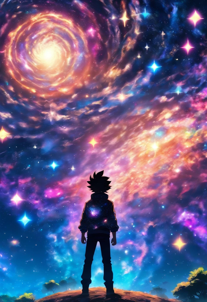Imagem realista de um garoto de 19 anos negro (tom de pele escuro) com cabelos cacheados que formam uma franja em sua testa, He is alone with his back to the viewer looking into the background of a galaxy and a very detailed Metatron mandala. Use qualidade extrema, cores vibrantes e realismo. He's on his back with his hand in his pocket looking at the bottom of the galaxy. He's looking at the galaxy, ele esta evitando contato visual com o telespectador, He's on the coast.
