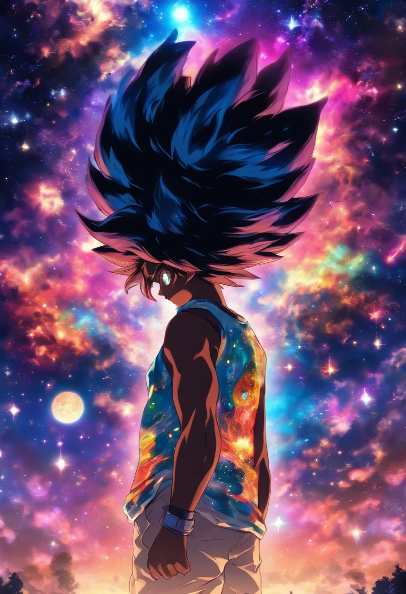 Imagem realista de um garoto de 19 anos negro (tom de pele escuro) com cabelos cacheados que formam uma franja em sua testa, He is alone with his back to the viewer looking into the background of a galaxy and a very detailed Metatron mandala. Use qualidade extrema, cores vibrantes e realismo. He's on his back with his hand in his pocket looking at the bottom of the galaxy. He's looking at the galaxy, ele esta evitando contato visual com o telespectador, He's on the coast.