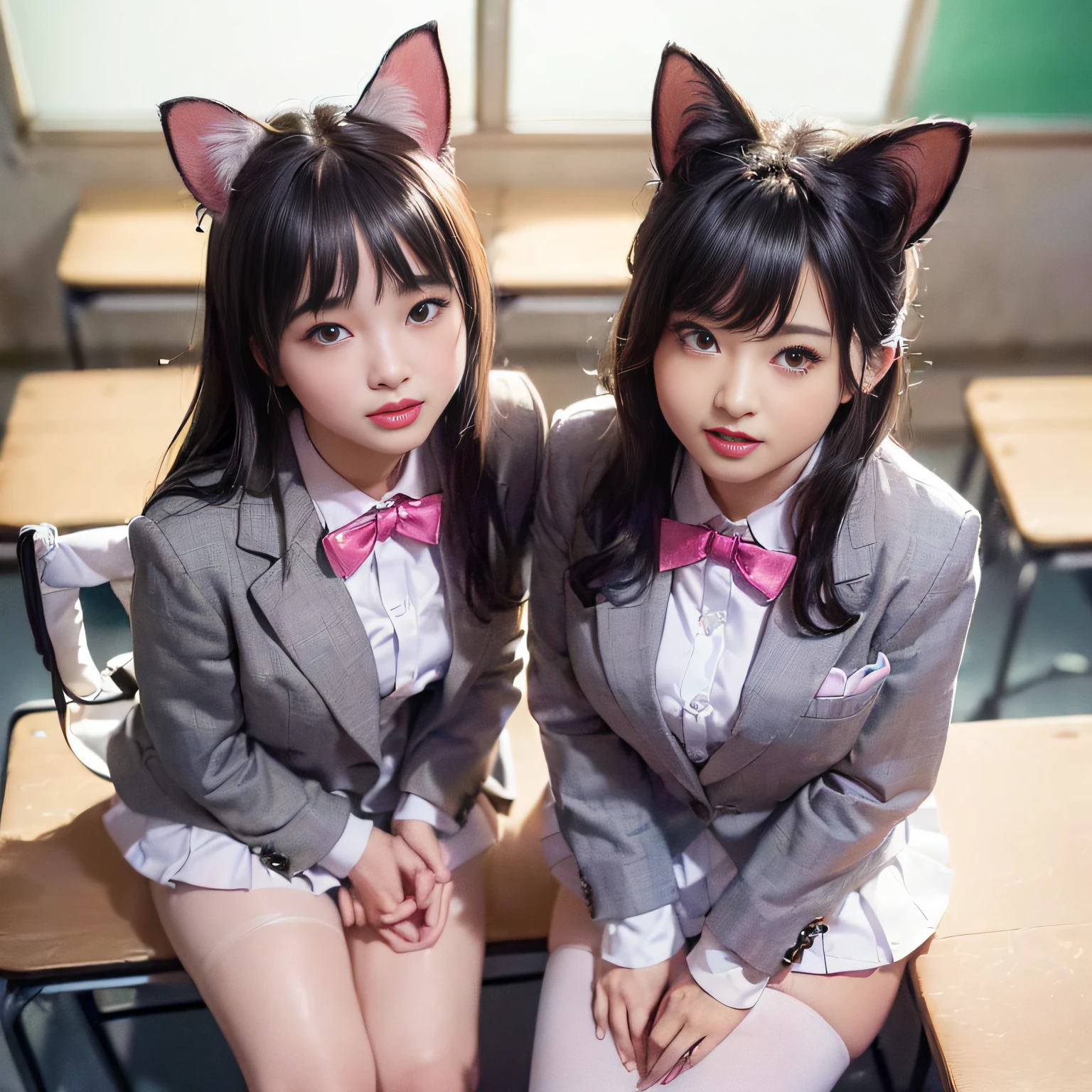 ((8K、Raw photography、top-quality、​masterpiece)、high definition RAW color photos professional close-up photos、(realisitic、photorealisim:1.37)、(top-quality)、(Best Shadows)、(The best illustrations)、鎖骨((Colossal tits))、((erotick、A sexy、超A high resolution、high-definition CG unified 8K wallpapers、physically-based renderingt、Cinematographic lighting)、(aegyo sal:1)、a 18 year old girl、 (Gray blazer、bow ribbon、sockes、high-school uniform:1.2)、High School Classroom, beautiful finely detailed eyes, Light on the Face, ((FULL BODYSHOT:1.2)), especially strong light, (Kamimei、Grinning smile:1.2),glowy skin、((A dark-haired、bobhair:1.2))、( thick thight), ulzzang -6500-v1.1:0.2, full of shyness, (The Flash:1.2), NSFW, (puffies, ((enchanting posture:1.2, enticing:1.2)), (Idol)、((Sit at a desk in the classroom:1.2)), ((Good anatomy:1.2))、((Bright and refreshing classroom、blur backgroun:1.2))、face perfect、kawaii faces、(high-angle shot:1.2)、great laughter、Absolute area、White pantyhose、Cat's ears、2 girls in、