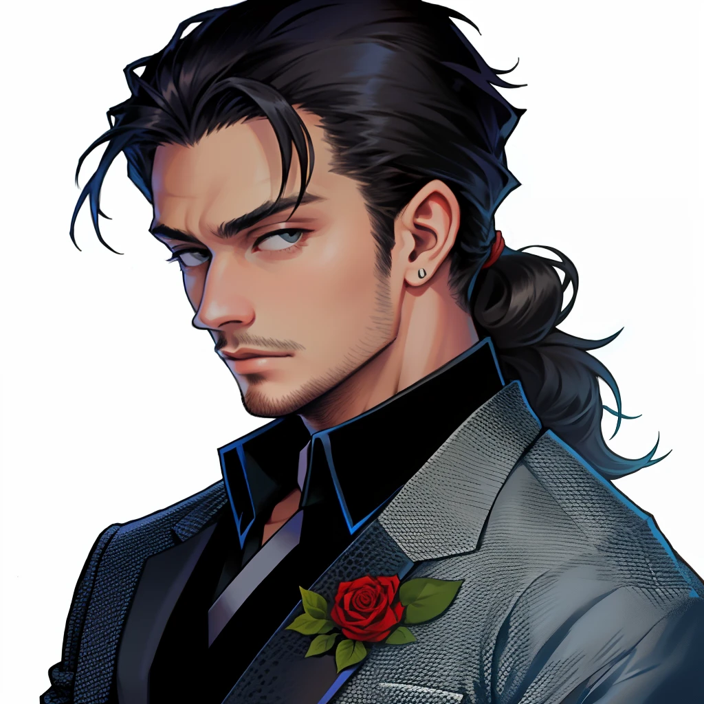 Man. Handsome man. Good face. Half Japan and half British. The hair is all back, short. 32 years old. He has sharp eyes. Wearing a suit.