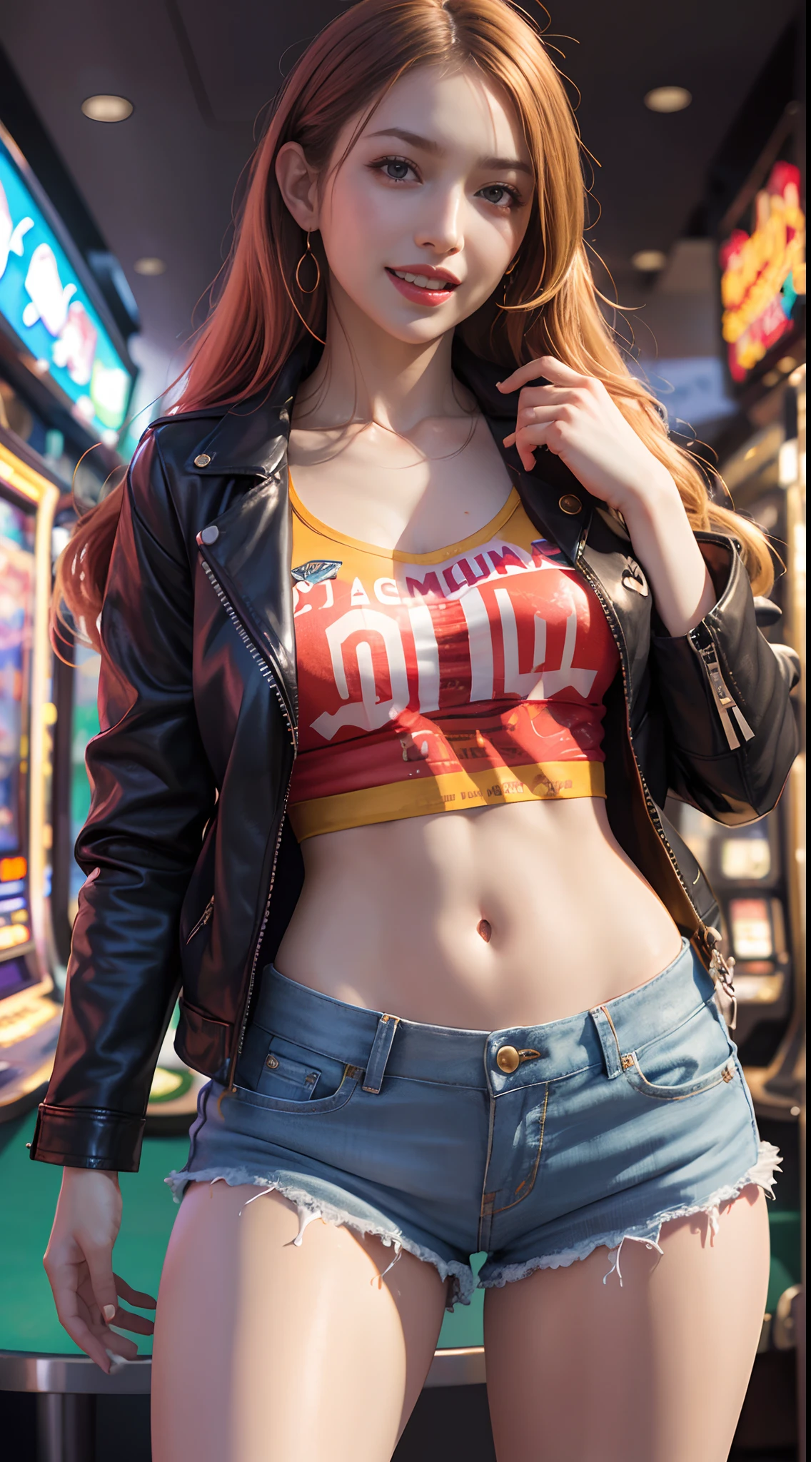 8k, Top Quality, (Beauty), High Definition, Realistic, Real Person, Jackpot at Slot Machine, Guts Pose, Smiling, Screaming, One Young Pretty Girl, Shiny Enamel Shorts, T-shirt So Short That Makes You Hungry, Short Leather Jacket, (Wearing a lot of fancy accessories)), High Heels