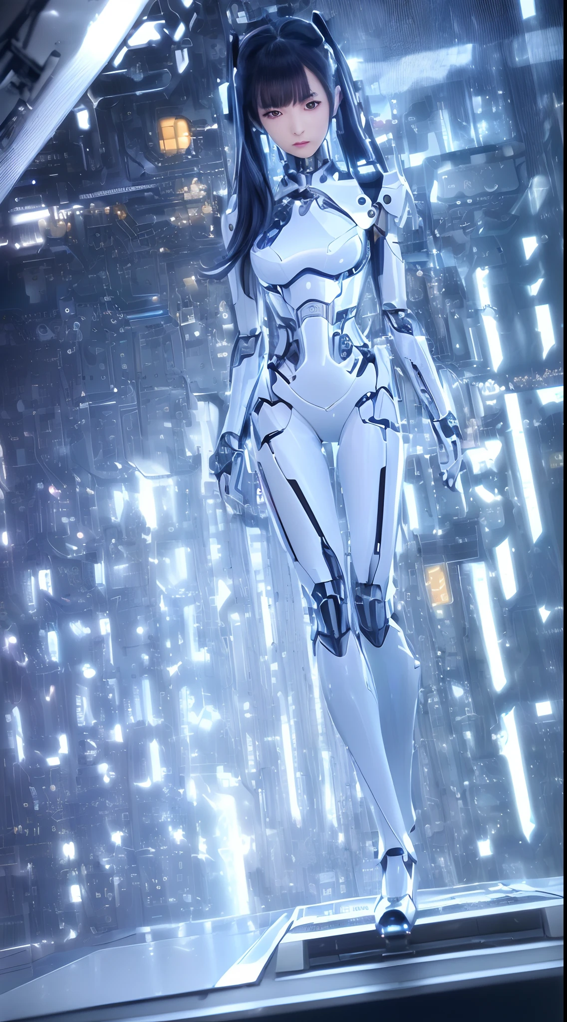 ((masutepiece)), ((top-quality), high quarity、ultra-definition, (Realistic、photoRealstic), ((well proportioned face))、fulcolor 、(scientific fiction)、(独奏)、Beautiful robot woman、Combat Robots、(Perfect robot joint:1.3)、(Detailed Broken Computer:1.3)、(Machine frame:1.3)、White porcelain mechanical armor、(Oval curvaceous face)、(machine components:1.3)、(Almond-shaped eyes without emotion)、thin mouth、deadpan、(Perfect mechanical two-handed:1.3)、((Cyber City Road during the day))、Perfect robot legs、high-heels