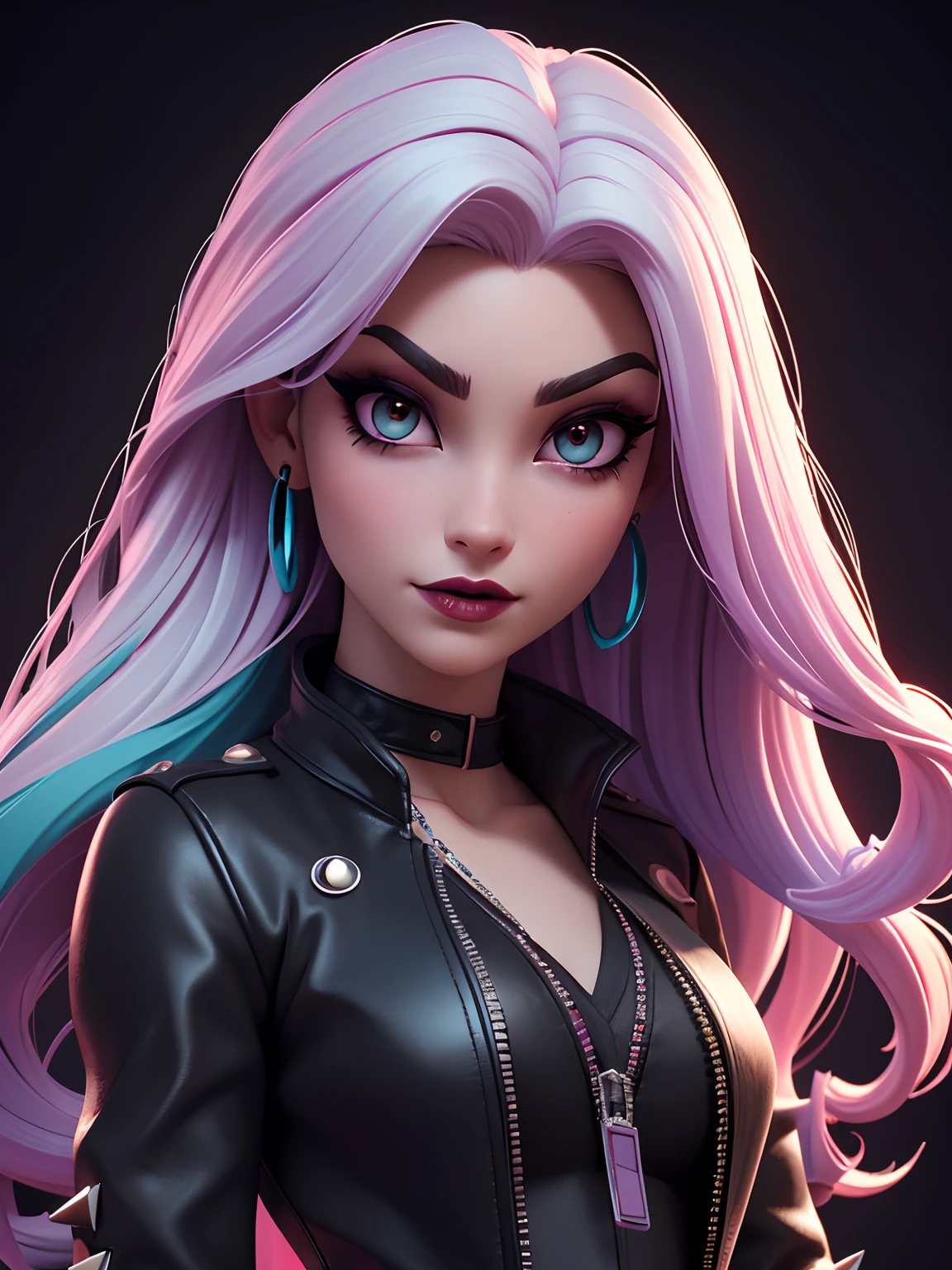 (Masterpiece),((High quality d)),(best beautiful:1.2),(artwork of a),((3D stereoscopic design)),8K,(Disney),Girl with cute face, eyebrow piercing, nose piercing,2 lip piercings one in each side of the lips, white curly hair with turquoise and pink shades,faint blush, black and dark purple eyeshadow on upside and downside eyelids a little blurry with glitter and dark red lipstick, Well-defined contoured face, Big light hazel honey brown eyes,Wearing a black lace top and a red leather jacket with metal spikes, Stand on a modern goth stage,Her eyes were focused on the distance,She is a model,(The background is mysterious, like a vampire crypta),Illuminated by light,manacing expression,artistic design,Three-dimensional,Close-up shots,((Hazy)),