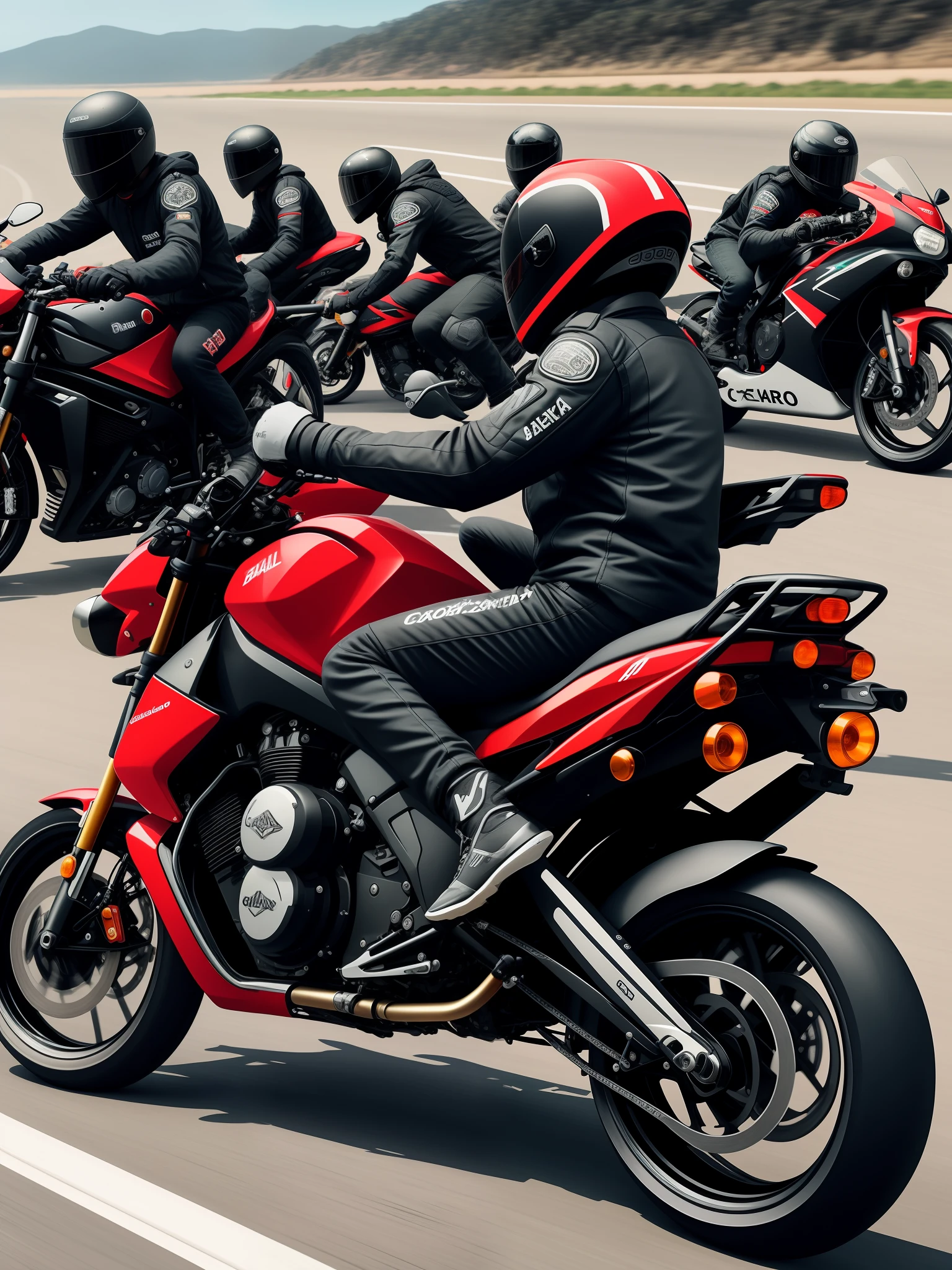 Image in computer graphics style, 3 policiais patrulhando com motocicletas armados, com capacetes, roupas azuis marinho colete balistic9 preto escrito ROMO nas parte traseira dos coletes