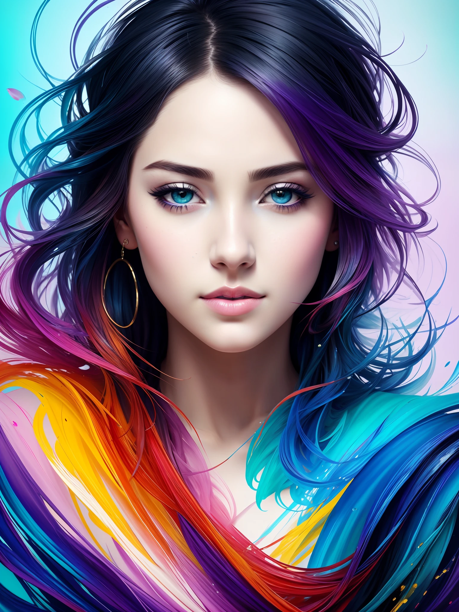 Colorful beautiful girl: a 28-year-old giru, green eyes, messy hair, oil painting, nice perfect face with perfect soft skinice face, blue yellow colors, purple and light violet additions, light red additions, intricate details, home screen, 8k resolution, masterpiece, beautiful face, artstation digital paint very smooth ink flowblack: 8k resolution photorealistic masterpiece: intricately detailed fluid gouache painting:   by Jean Baptiste Mongue: calligraphy: acrylic: watercolor art, professional photography, natural lighting, maximalist volumetric lighting photoillustration: by marton bobzert:, complex, elegant, expansive, fantastic, wavy hair, vibrant, best quality details, realistic, high definition, high quality texture, epic lighting, cinematic film still, 8k, soft lighting, anime style, masterful game card border, random colored art,  oil painting, blue yellow colors, light purple and violet additions, light red additions, intricate detail, home screen, 8k resolution, masterpiece, artstation soft digital painting very ink flowBlack: 8k resolution photorealistic masterpiece: intricately detailed fluid gouache painting: by Jean Baptiste Mongue: calligraphy: acrylic: watercolor art, professional photography, natural lighting, maximalist volumetric lighting photoillustration: by Marton Bobzert:,  complex, elegant, expansive, fantastic, vibrant, white background, t-shirt design, centered