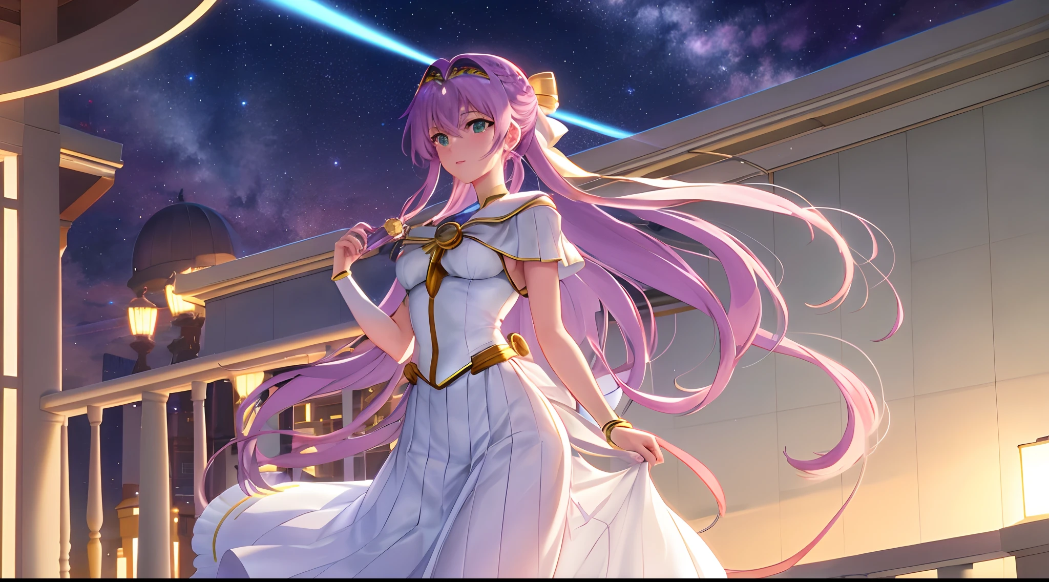 Athena with plain long light purple hair,hair between eyes,green eyes,rosy cheeks,full lips,thin eyebrows,slender body,wearing golden sailor moon uniform and full long skirt,cute anime girl,full body,balcony veranda,,night sky nebulae in background,anime style,extremely deep depth of field,Lumen Reflections,Screen Space Reflections,Diffraction Grading,Chromatic Aberration,GB Displacement,Scan Lines,Ray Traced,Anti-Aliasing,FXAA,TXAA,RTX,SSAO,Shaders,OpenGL-Shaders, GLSL-Shaders,Post Processing,Post-Production,cell Shading,Tone Mapping,CGI,VFX,SFX,insanely detailed and intricate, 4K,standing, solo, masterpiece, best quality, detailed face, detailed eyes, highres, standing, solo,masterpiece, best quality