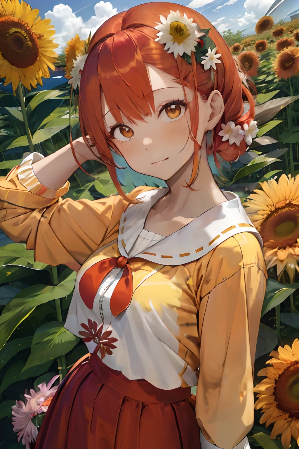 fluffy red hair,Bangs center parting,pale yellow-green eyes,Brown and white and yellow and orange and purple,Long-sleeved clothing with slightly longer sleeves,Larger hoodie,wearing skirt,Full of chrysanthemum flowers,You can see the windmill beyond the vast flower field,Leaning to the right,Smiling with a bouquet of chrysanthemums,full of sunlight,White clouds in blue sky,butterflys,a bird,a squirrel,bunny rabbit,red tide