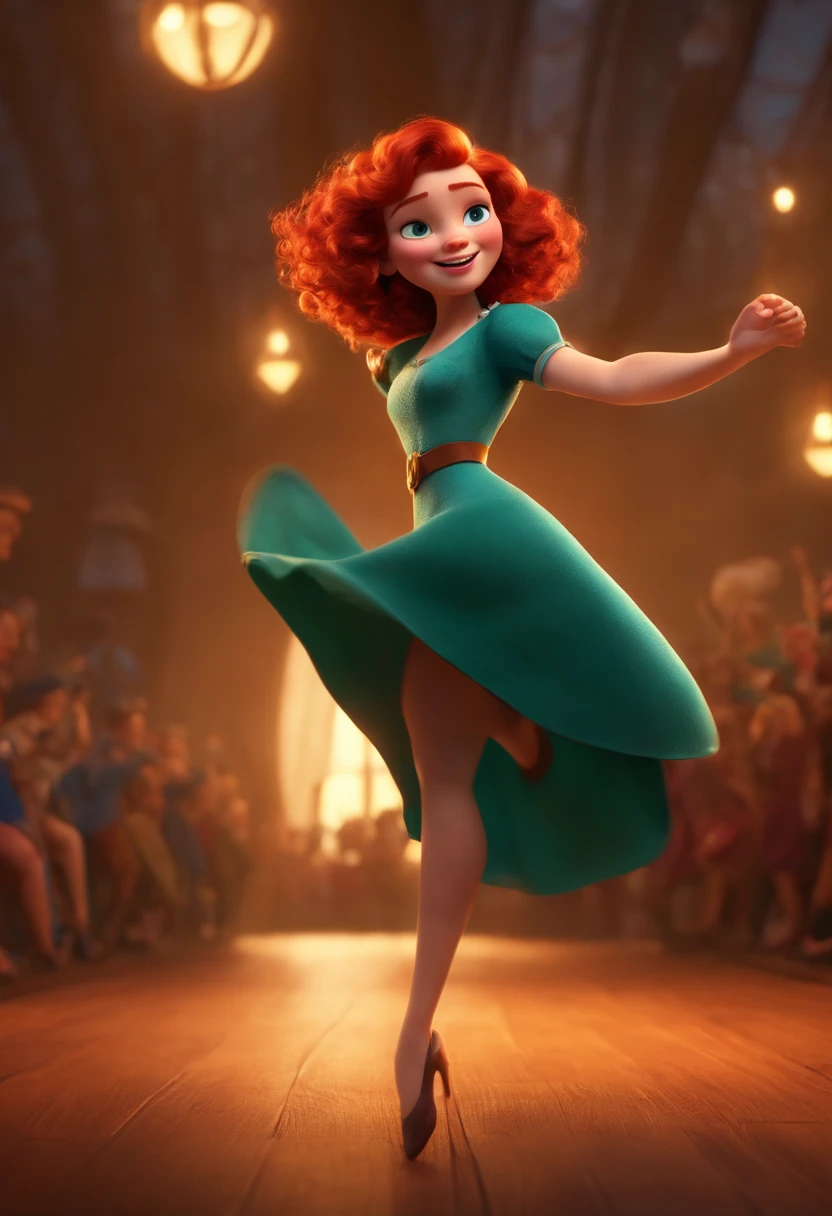 Pixar style image with 3D character redhead woman short curly hair dancing, Maquiagem Disney,Pescador, bonitinho, sorridente ,Close-up, Pixar, Disney, Cinema lighting,