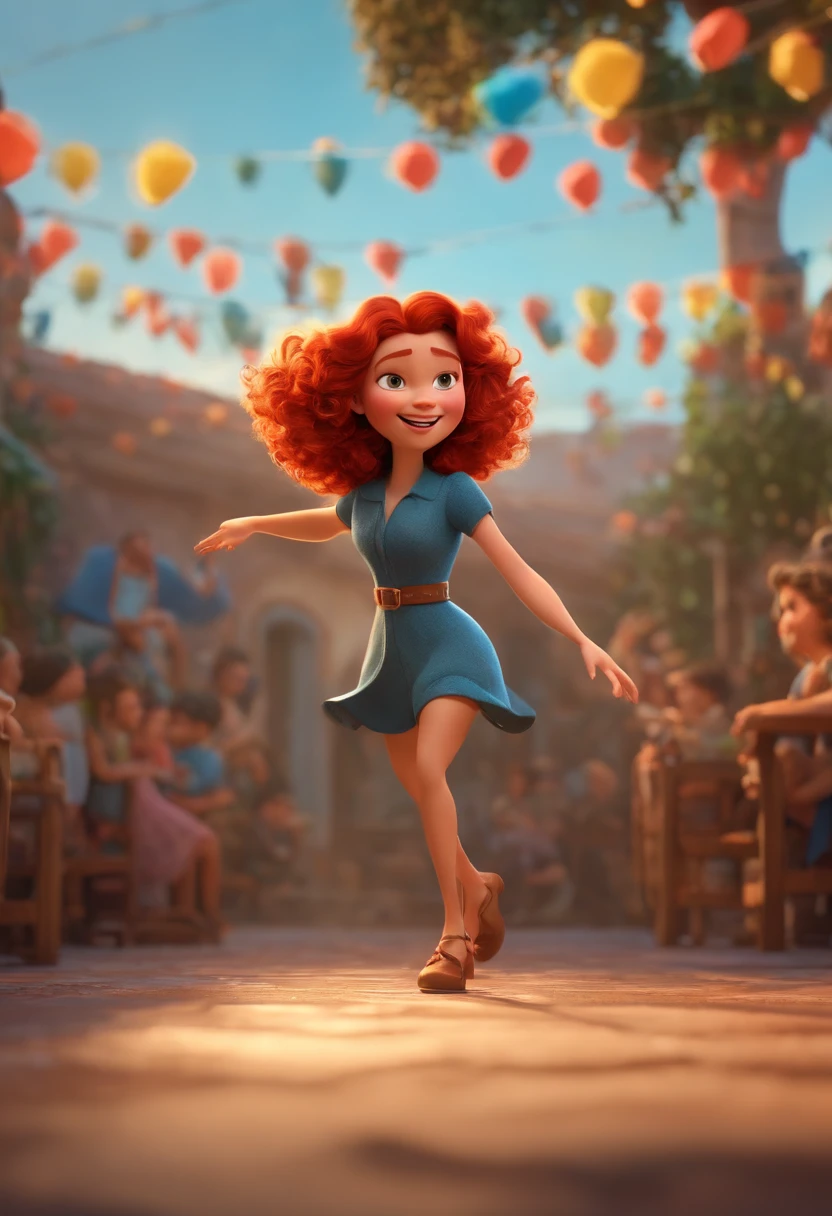 Pixar style image with 3D character redhead woman short curly hair dancing, Maquiagem Disney,Pescador, bonitinho, sorridente ,Close-up, Pixar, Disney, Cinema lighting,