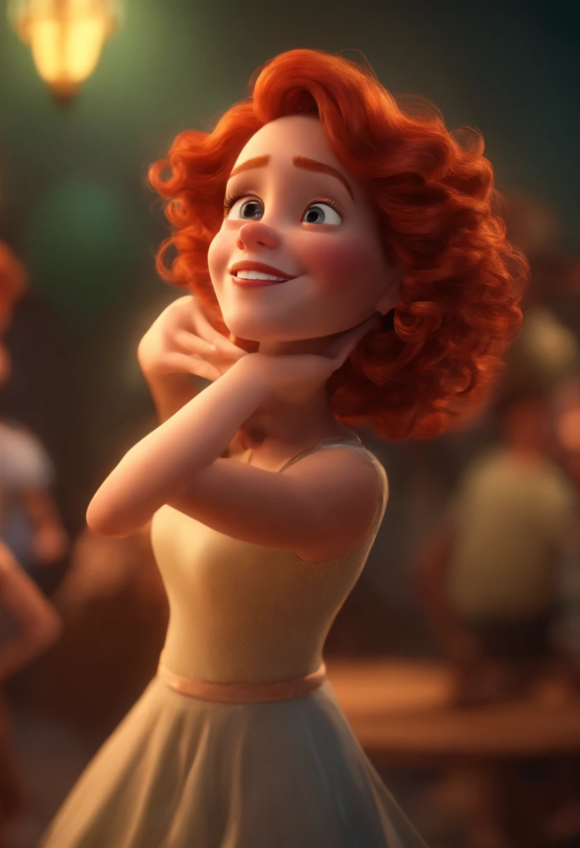 Pixar style image with 3D character redhead woman short curly hair dancing, Maquiagem Disney,Pescador, bonitinho, sorridente ,Close-up, Pixar, Disney, Cinema lighting,