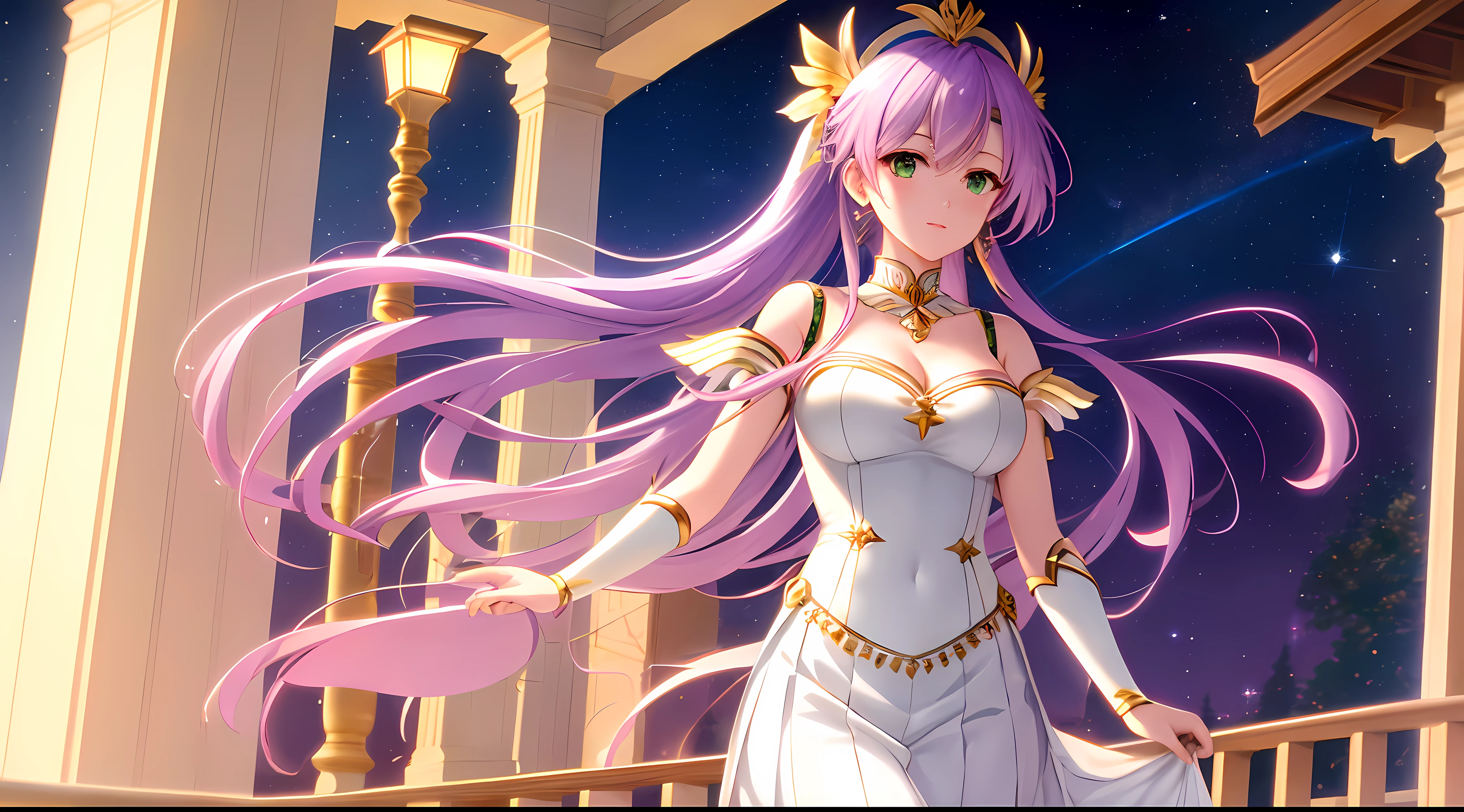 Athena with plain long light purple hair,hair between eyes,green eyes,rosy cheeks,full lips,thin eyebrows,slender body,wearing golden sailor moon uniform and full long skirt,cute anime girl,full body,balcony veranda,,night sky nebulae in background,anime style,extremely deep depth of field,Lumen Reflections,Screen Space Reflections,Diffraction Grading,Chromatic Aberration,GB Displacement,Scan Lines,Ray Traced,Anti-Aliasing,FXAA,TXAA,RTX,SSAO,Shaders,OpenGL-Shaders, GLSL-Shaders,Post Processing,Post-Production,cell Shading,Tone Mapping,CGI,VFX,SFX,insanely detailed and intricate, 4K,standing, solo, masterpiece, best quality, detailed face, detailed eyes, highres, standing, solo,masterpiece, best quality