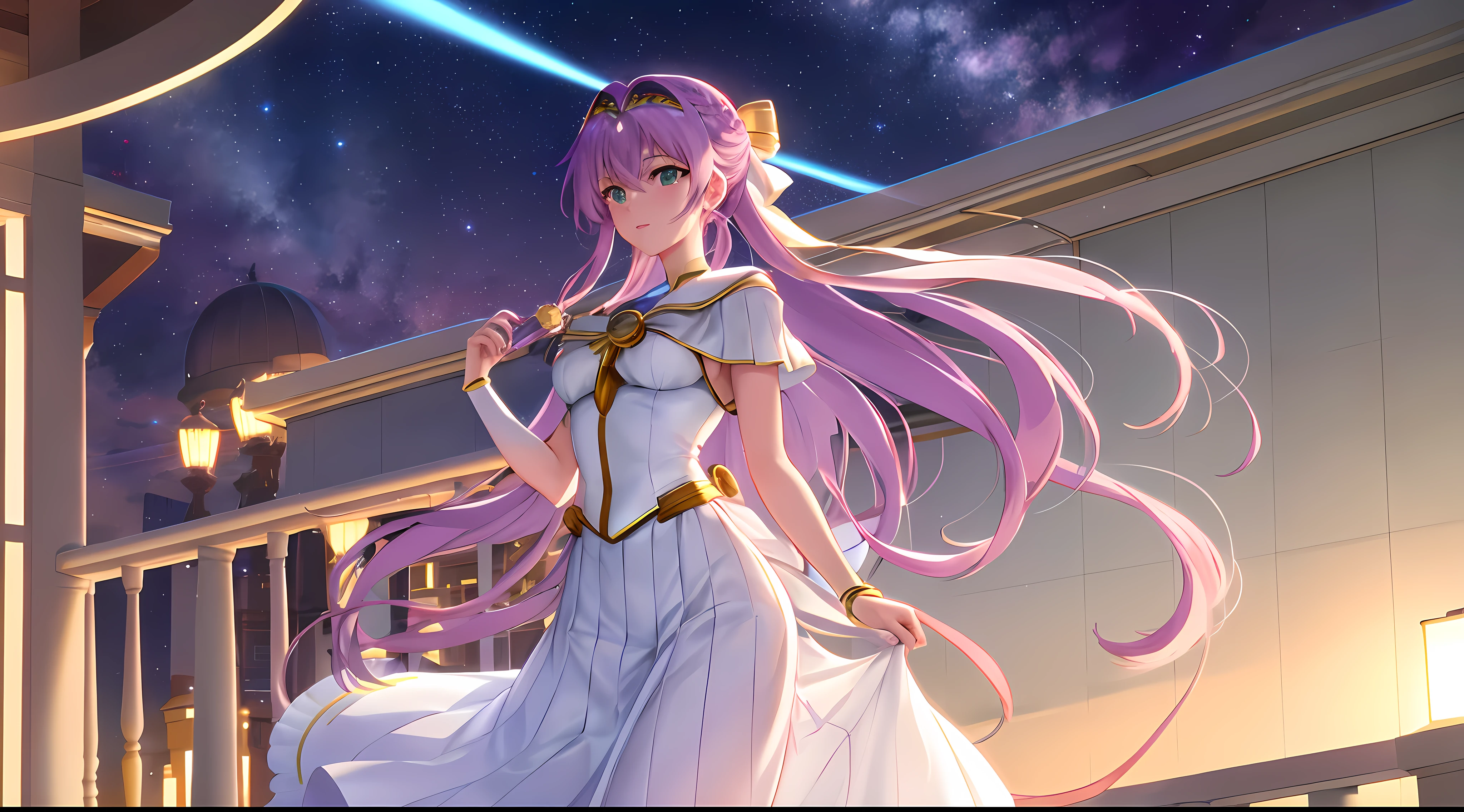 Athena with plain long light purple hair,hair between eyes,green eyes,rosy cheeks,full lips,thin eyebrows,slender body,wearing golden sailor moon uniform and full long skirt,cute anime girl,full body,balcony veranda,,night sky nebulae in background,anime style,extremely deep depth of field,Lumen Reflections,Screen Space Reflections,Diffraction Grading,Chromatic Aberration,GB Displacement,Scan Lines,Ray Traced,Anti-Aliasing,FXAA,TXAA,RTX,SSAO,Shaders,OpenGL-Shaders, GLSL-Shaders,Post Processing,Post-Production,cell Shading,Tone Mapping,CGI,VFX,SFX,insanely detailed and intricate, 4K,standing, solo, masterpiece, best quality, detailed face, detailed eyes, highres, standing, solo,masterpiece, best quality