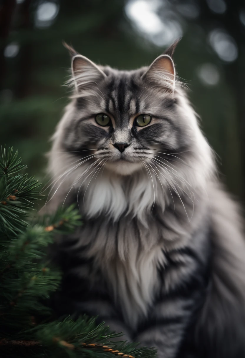 Huge fluffy silver and black Siberian cat, Snow and pine trees background, Bright sunlight, Raw photo, masutepiece, 8K Wallpaper