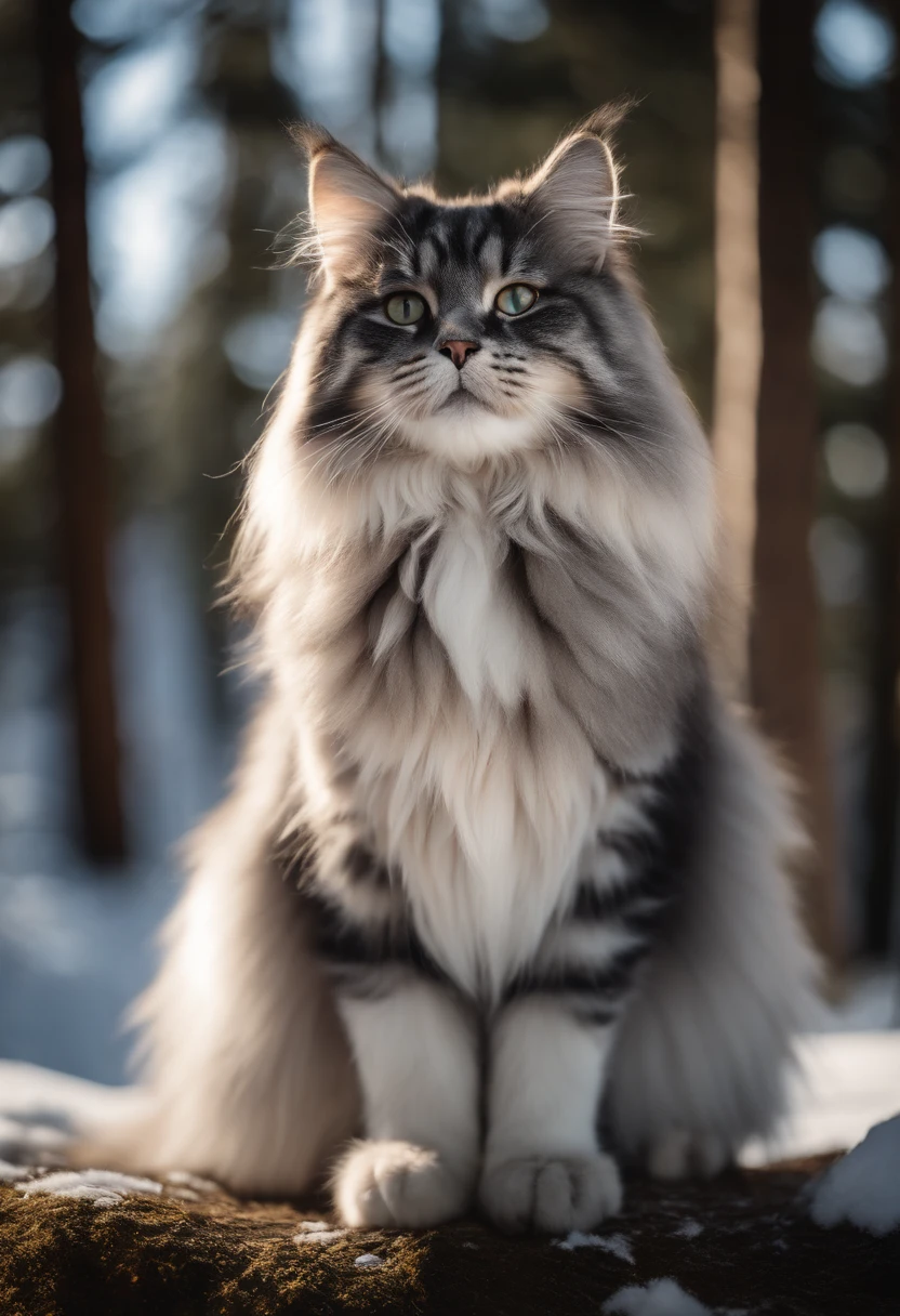 Huge fluffy silver and black Siberian cat, Snow and pine trees background, Bright sunlight, Raw photo, masutepiece, 8K Wallpaper