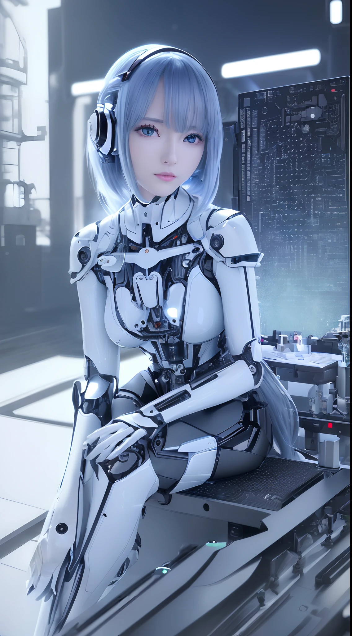 ((masutepiece)), ((top-quality), high quarity、ultra-definition, (Realistic、photoRealstic),  ((well proportioned face))、fulcolor 、(scientific fiction)、(独奏)、Beautiful robot woman、Faulty combat robot、(Perfect robot joint:1.3)、(Detailed electronic board:1.3)、(Machine frame:1.3)、White porcelain mechanical armor、(Oval curvaceous face)、(machine components:1.3)、(Almond-shaped eyes without emotion)、thin mouth、deadpan、(Perfect mechanical two-handed:1.3)、((Cyber City Road during the day))、Perfect robot legs、high-heels、(Sit up)、Multiple power cables、frontage