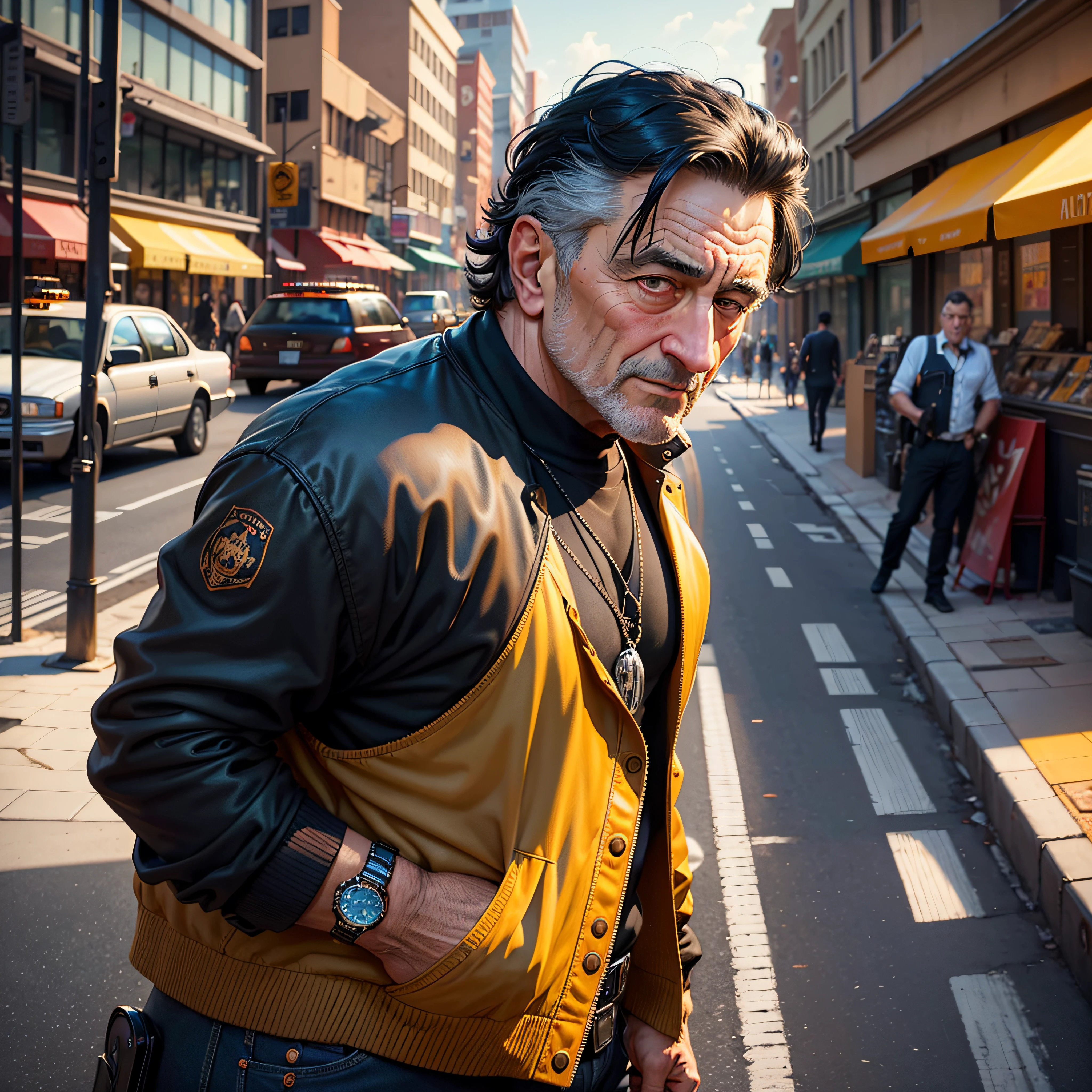 A painting of a man Robert De Niro ( with black hair), gangster pose and look  with uzi in hand, gangster, mafia, Miami City background, street, taxi cab, perfect Art, Art, Intricate Digital Painting, original Artwork, Illustration,, city backdrop, masterpiece Illustration, Beautiful 4K Art, Vibrant Digital Painting , Stunning digital illustration, Intricate masterpiece, A beautiful artwork illustration, Beautiful color art!
