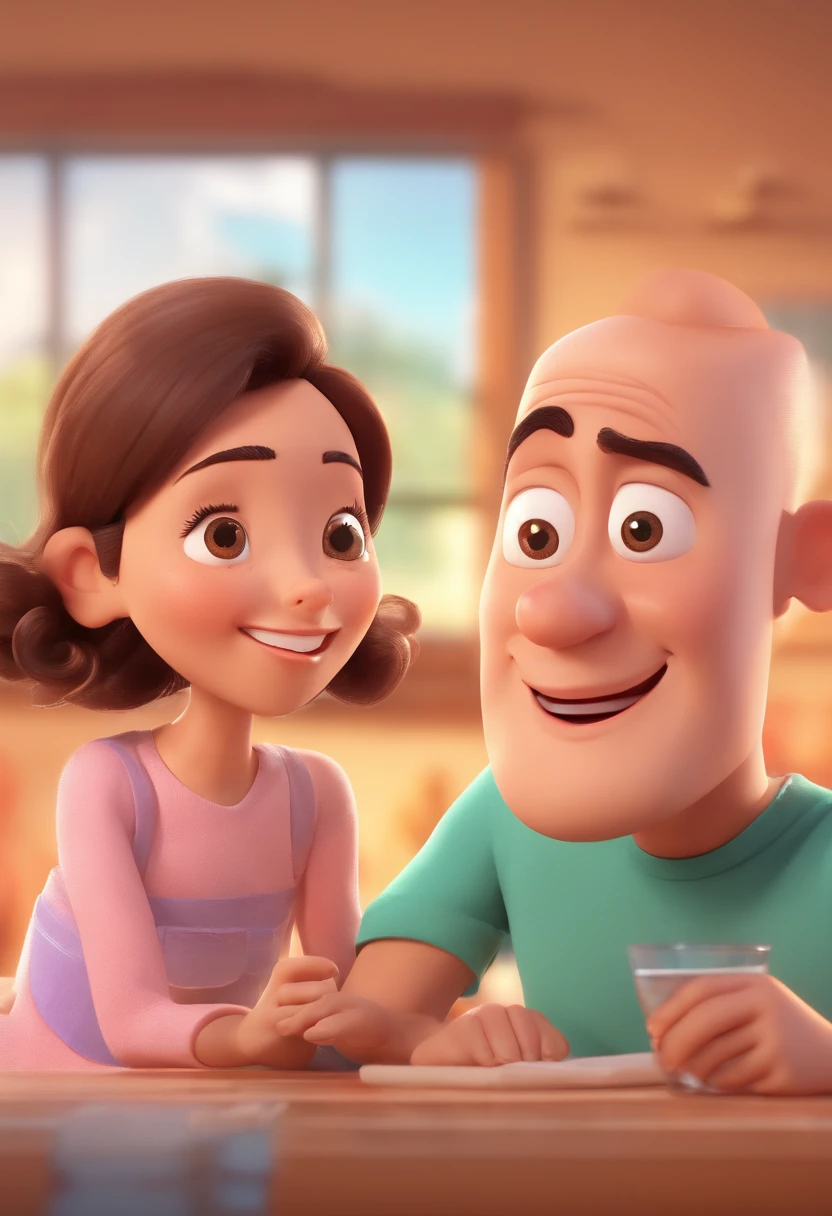 An illustration of an adorable couple, destacando um homem e uma mulher com bonito, Expressive eyes – the man's skin is black and the man's hair is bald and black, while the woman's skin is black and the woman's hair is curly and brown. They are a bright room, cada um com um sorriso no rosto, e compartilhar um momento especial caracterizado pelo amor, arroz, e insights educacionais. Illustrate this scene from a perspective where they are facing away from the camera, Showing Your Connection. Desenvolva esta arte em Full HD, Focus on your cinematic touch, Estilo Disney Pixar Animations