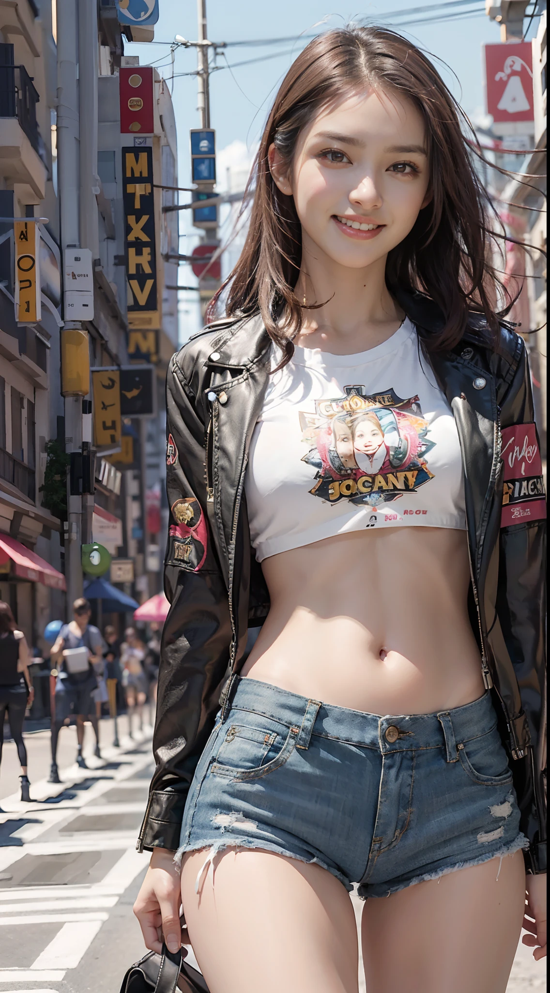 8k, Best Quality, (Beauty), High Definition, Realistic, Real Person, Jackpot at Slot Machine, Guts Pose, Smiling, Screaming, One Young Pretty Girl, Glossy Enamel Shorts, T-shirt Short Enough to Make Your Stomach, Short Leather Jacket, (Wearing a lot of fancy accessories))