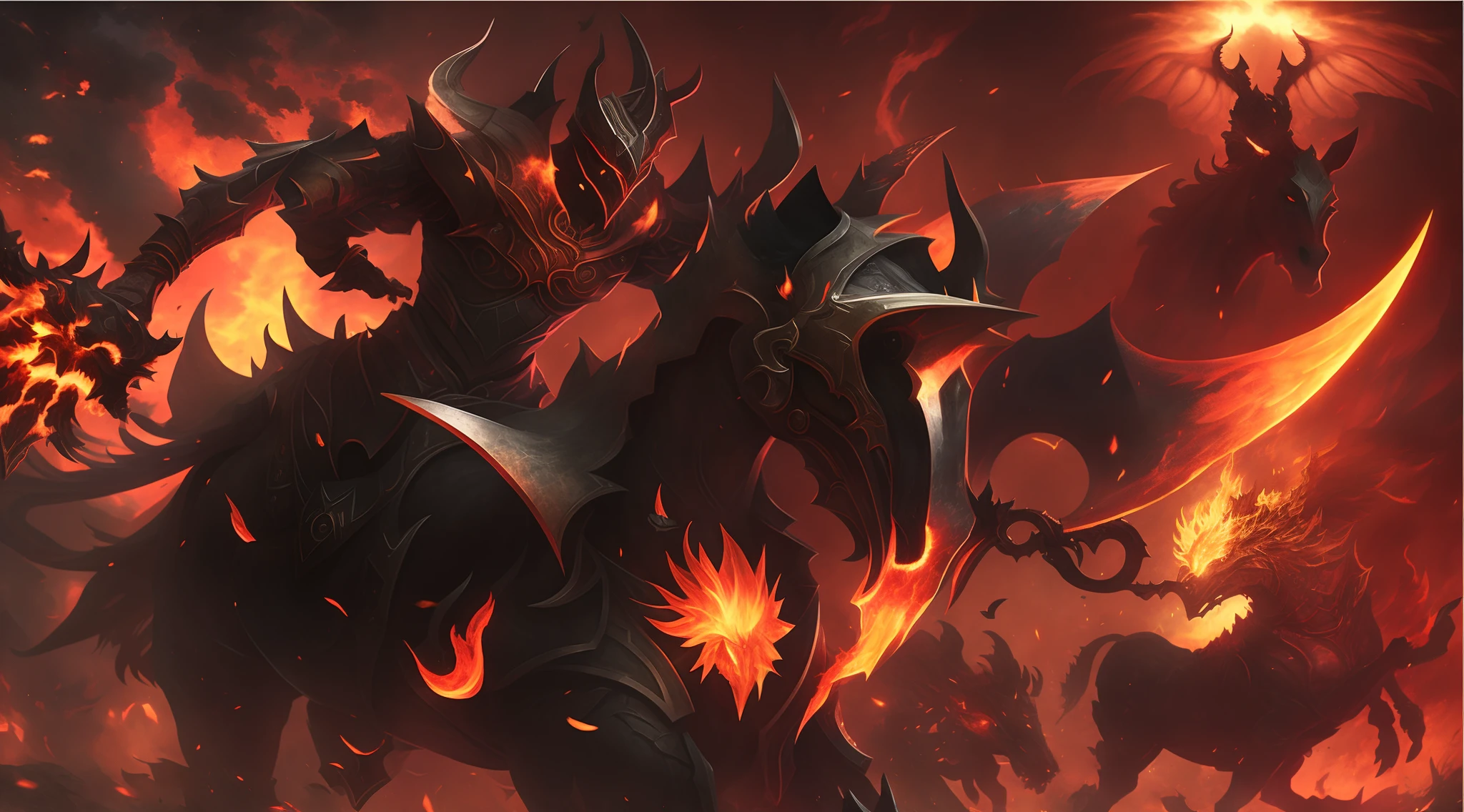 （（（tmasterpiece）））， （（best qualtiy））， （super detailing）， （CG illustration），(A girl riding a flaming horse) [Flames, Heavy armor, steed, ruler of inferno, Flame summons armor, lord of cinder, Raging hell and destruction, Blazing reflections on armor, Dota 2 concept art]. The artwork depicts a close-up of a fierce and intimidating girl riding a war horse，Engulfed in raging flames. The girl wears a set of heavy armor with an intricate flame design, Emphasize her connection to the blazing hell. She exudes the aura of a ruler in the depths of hell, Command the flames and the steed she trusts. The flames surrounding her and the horse evoke a sense of chaos and destruction, Engage the audience with their intensity. The armor shone with a blazing light, Accentuate its menacing look. Inspired by Dota 2 concept art, This masterpiece of art combines elements of fantasy, Action, and darkness, Viewers are invited to enter a world full of epic battles and supernatural powers.
