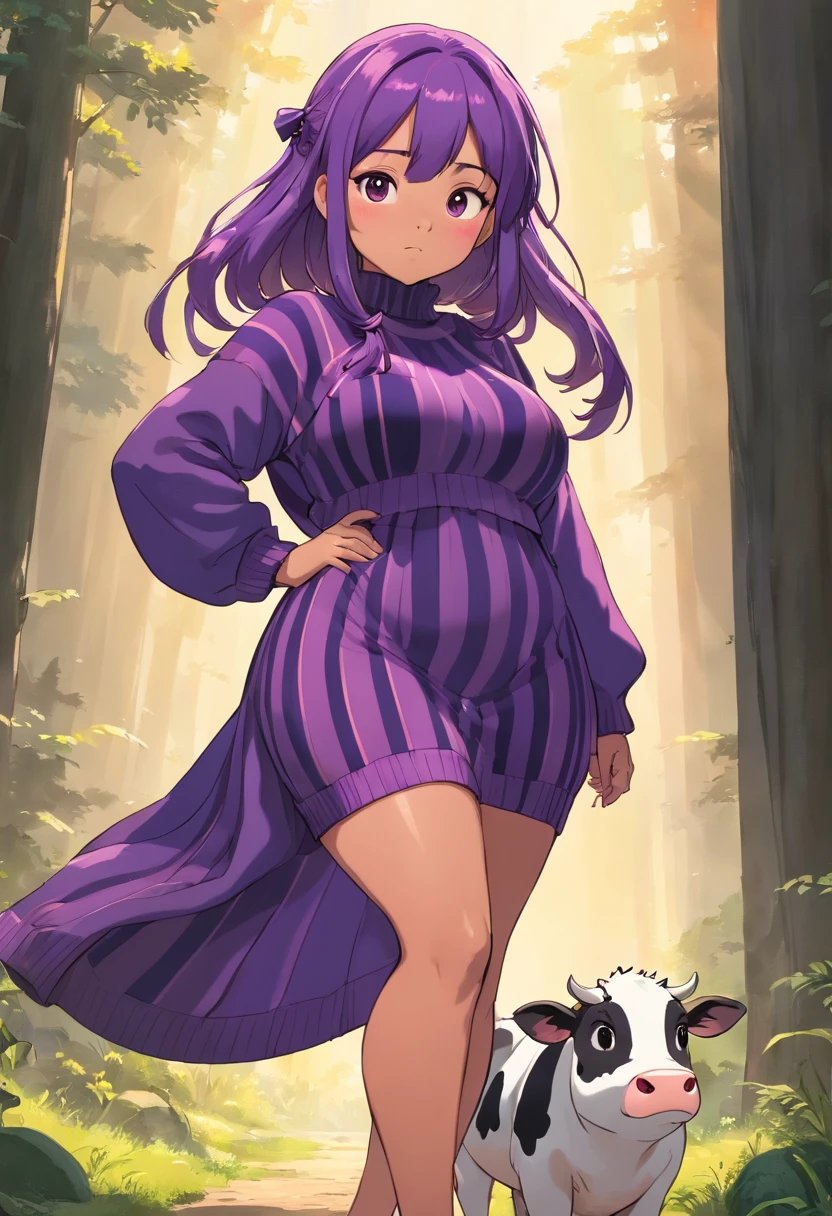 Chubby, cow girl, really big boobs ,brown skin, purple hair, sweater dress with black and purple vertical stripes , hair covering left eye, standing froward.