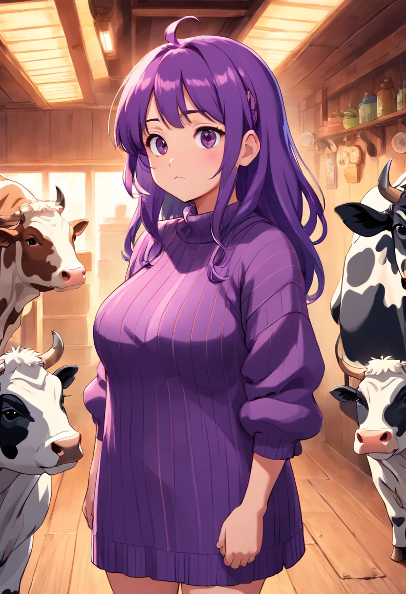 _anime, Shinobu Miyake, Long Hair, bangs, Purple Hair, Green Eyes, Cow print micro bikini, Cowbell, Headband with cow ears and horns, Get wet, (Breastfeeding stains:0.5), In a dirty barn, straw, On all fours, smile, View your viewers, Dutch Angle, Sagging_Huge_chest, Erect nipples, nature (black) Curly armpit hair, Unshaven pubic hair, Short statue, Dog food bowl filled with semen
