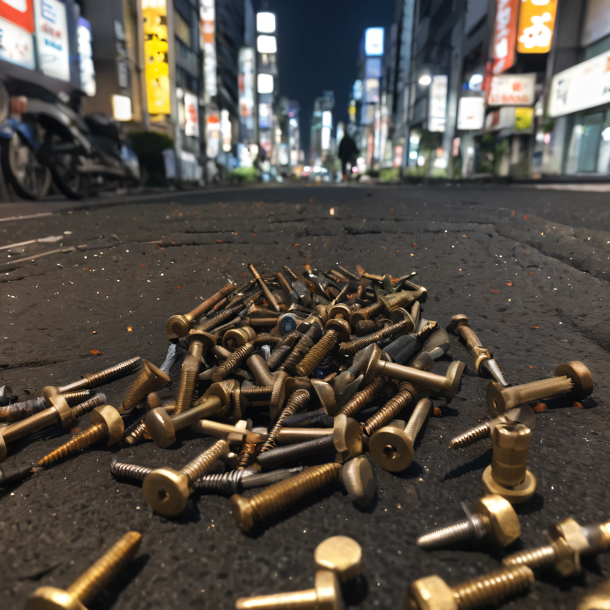 Tokyo at night in the background, Streets lined with beautiful buildings、screw、Rusty screws and nails are scattered、A large amount of screws and nails、There are a lot of、The location is a road in Tokyo、TOKYOcty、hightquality