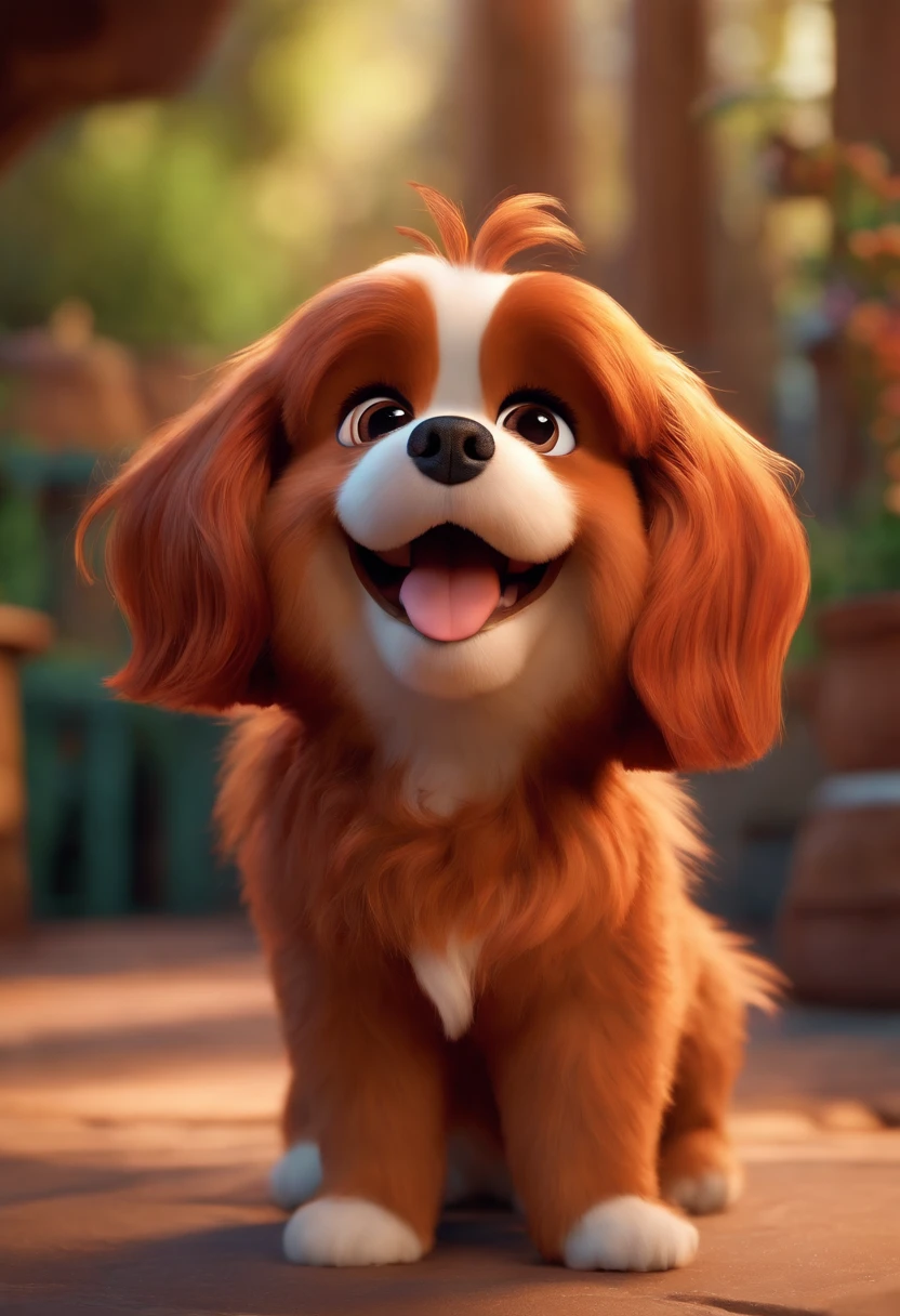 Imagem estilo Pixar com personagem 3D mulher ruiva cabelo cacheado curto caminhando, Maquiagem Disney, Cute little shitzu dog, sorridente ,Close-up, Pixar, Disney, Cinema lighting,