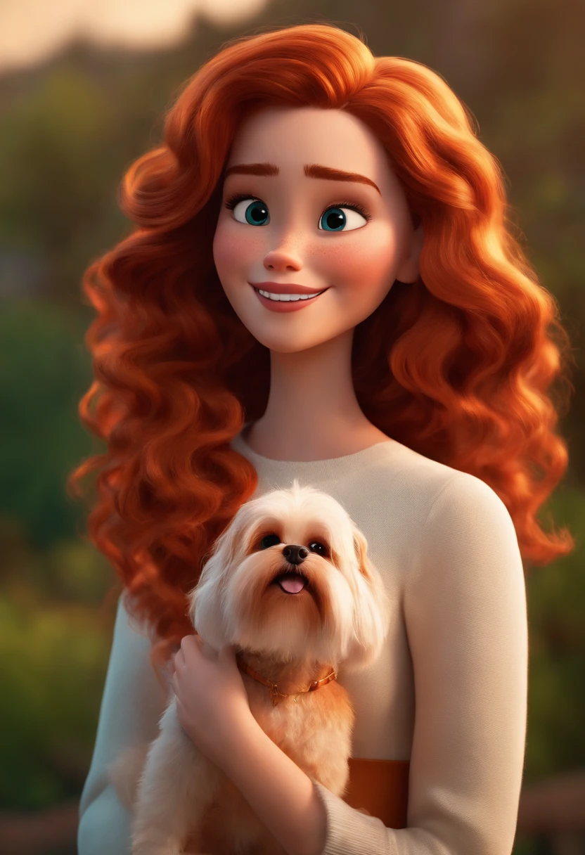 Imagem estilo Pixar com personagem 3D mulher ruiva cabelo cacheado curto caminhando, Maquiagem Disney, Cute little shitzu dog, sorridente ,Close-up, Pixar, Disney, Cinema lighting,