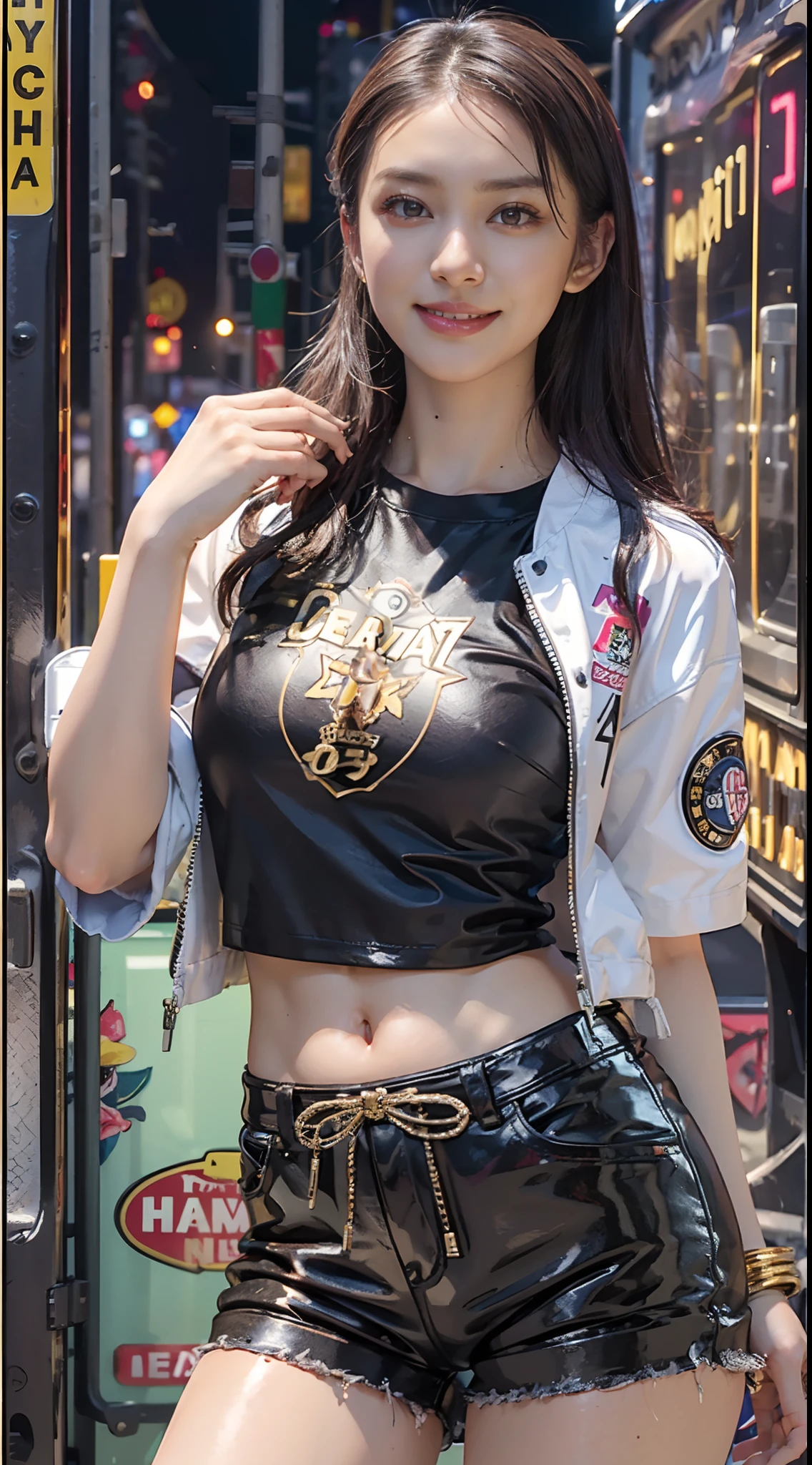 8k, Best Quality, (Beauty), High Definition, Realistic, Real Person, Jackpot at Slot Machine, Guts Pose, Smiling, Screaming, One Young Pretty Girl, Glossy Enamel Shorts, T-shirt Short Enough to Make Your Stomach, Short Leather Jacket, (Wearing a lot of fancy accessories))