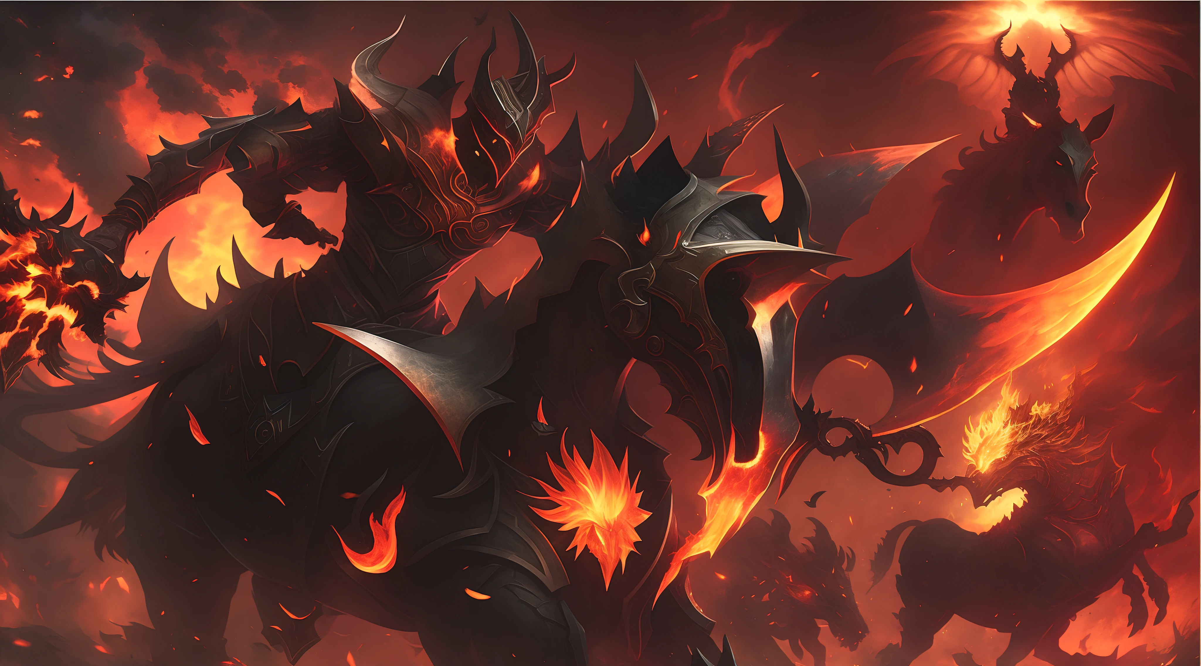 （（（tmasterpiece）））， （（best qualtiy））， （super detailing）， （CG illustration），(A girl riding a flaming horse) [Flames, Heavy armor, steed, ruler of inferno, Flame summons armor, lord of cinder, Raging hell and destruction, Blazing reflections on armor, Dota 2 concept art]. The artwork depicts a close-up of a fierce and intimidating girl riding a war horse，Engulfed in raging flames. The girl wears a set of heavy armor with an intricate flame design, Emphasize her connection to the blazing hell. She exudes the aura of a ruler in the depths of hell, Command the flames and the steed she trusts. The flames surrounding her and the horse evoke a sense of chaos and destruction, Engage the audience with their intensity. The armor shone with a blazing light, Accentuate its menacing look. Inspired by Dota 2 concept art, This masterpiece of art combines elements of fantasy, Action, and darkness, Viewers are invited to enter a world full of epic battles and supernatural powers.