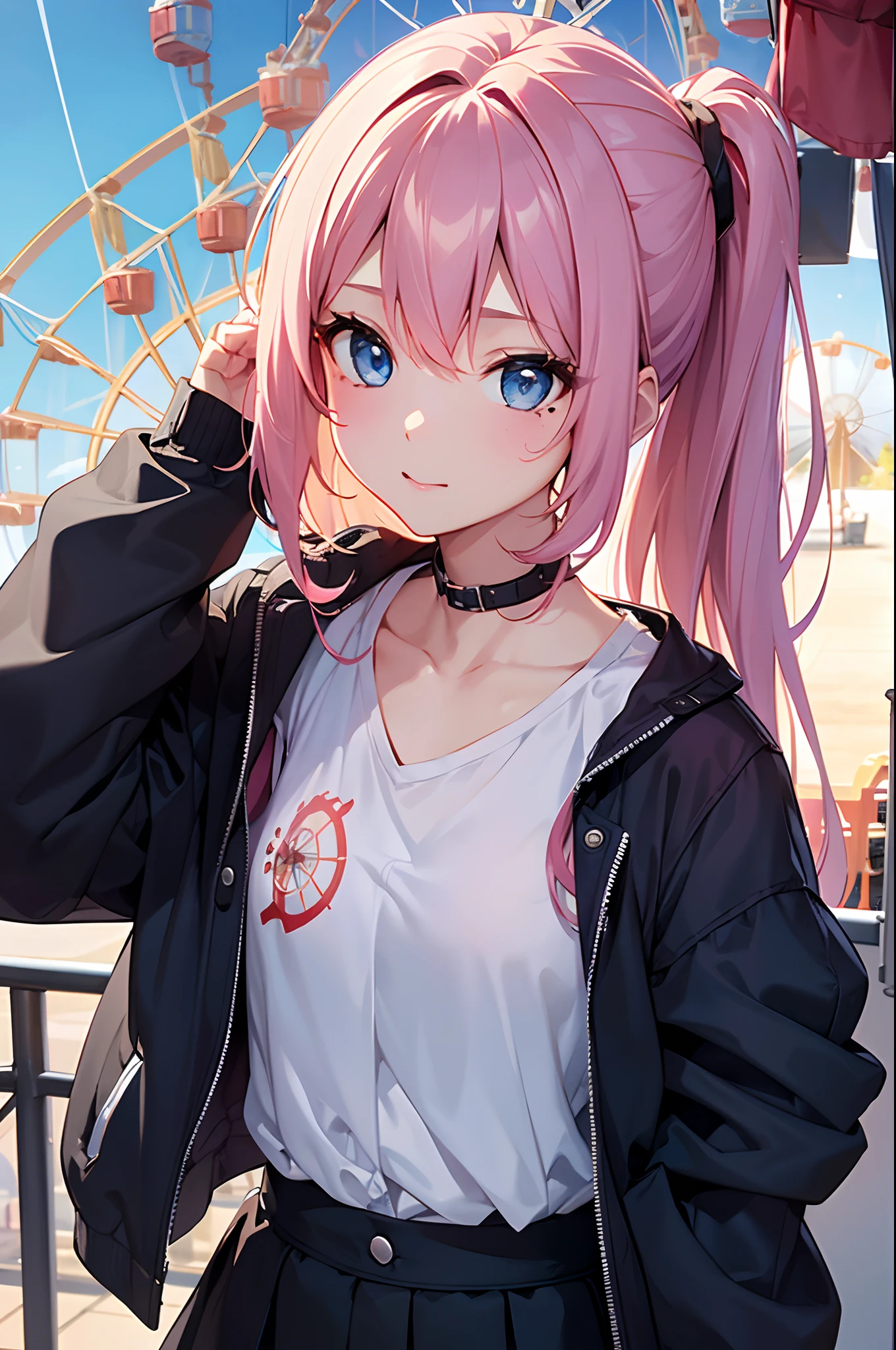 (Girl with a nasty appearance:1.3)、(Daytime:1.5)、(and chest:1.4)、Raw photography, top-quality, hight resolution, (masterpiece), (Photorealsitic:1.4), (Mole under the eyes),Anime Cosplay, foco nítido, nffsw, 8K分辨率, intricate detailes, depth of fields, the Extremely Detailed CG Unity 8K Wallpapers, front lit, femele,25-years old、 Happy face,(tying hair:1.5)、see -through、(Medium pink hair)、blue eyess,(Inside the Ferris wheel:1.5)、(Light blue shirt on jacket:1.3)、(Full body depiction)、Autumn atmosphere、(Amazing blue sky)、(Visit here:1.5)、(during daytime)、(Superb view)、Sitting inside the Ferris wheel、sitting on、date