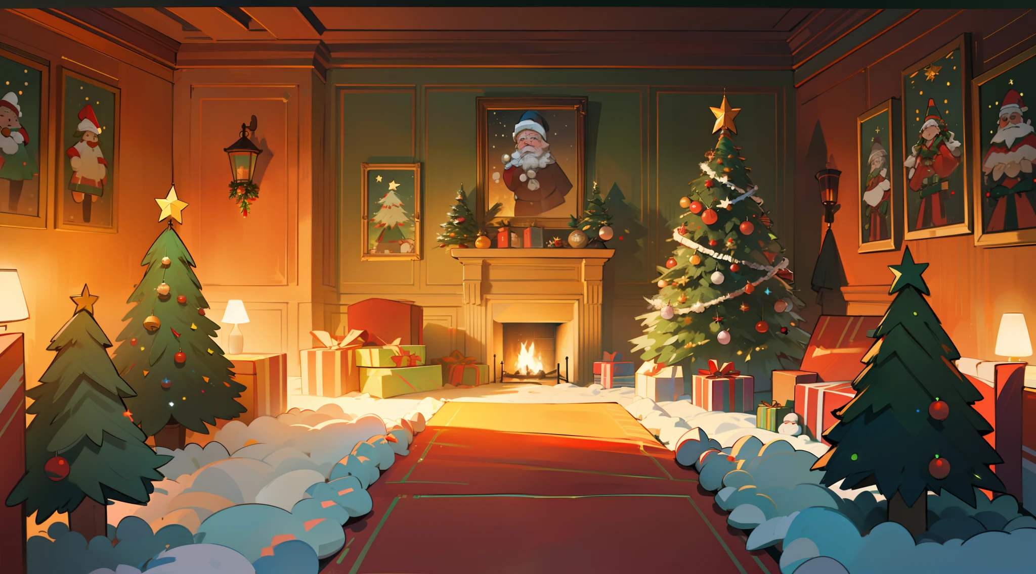 best qualtiy,16k,8K,True exposure,Ray traching,Excellent image quality,Christmas poster,Christmas atmosphere,A real Christmas tree,pompon,bell,Luminous colored light bar,inside in room,Chilling,Santa Claus hat,Christmas decorations are hung on the wall,snowflower