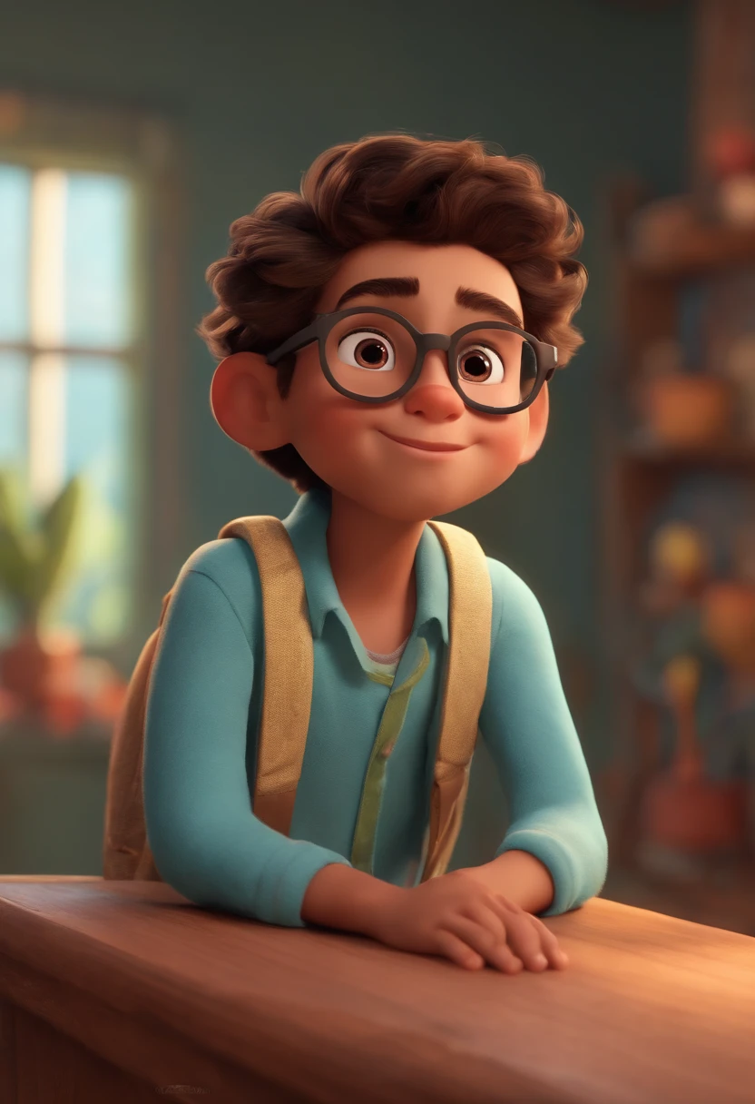 Image of a boy for a story in a YouTube video in Pixar format, He's the little allabester, He's the class leader, He's outgoing, Playful and gets up for a lot of things, cabelo curto