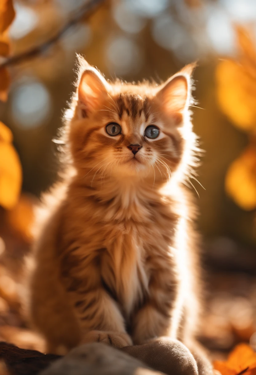 Giant fluffy light brown baby cat, Snow and autumn foliage background, Bright sunlight, Raw photo, masutepiece, 8K Wallpaper