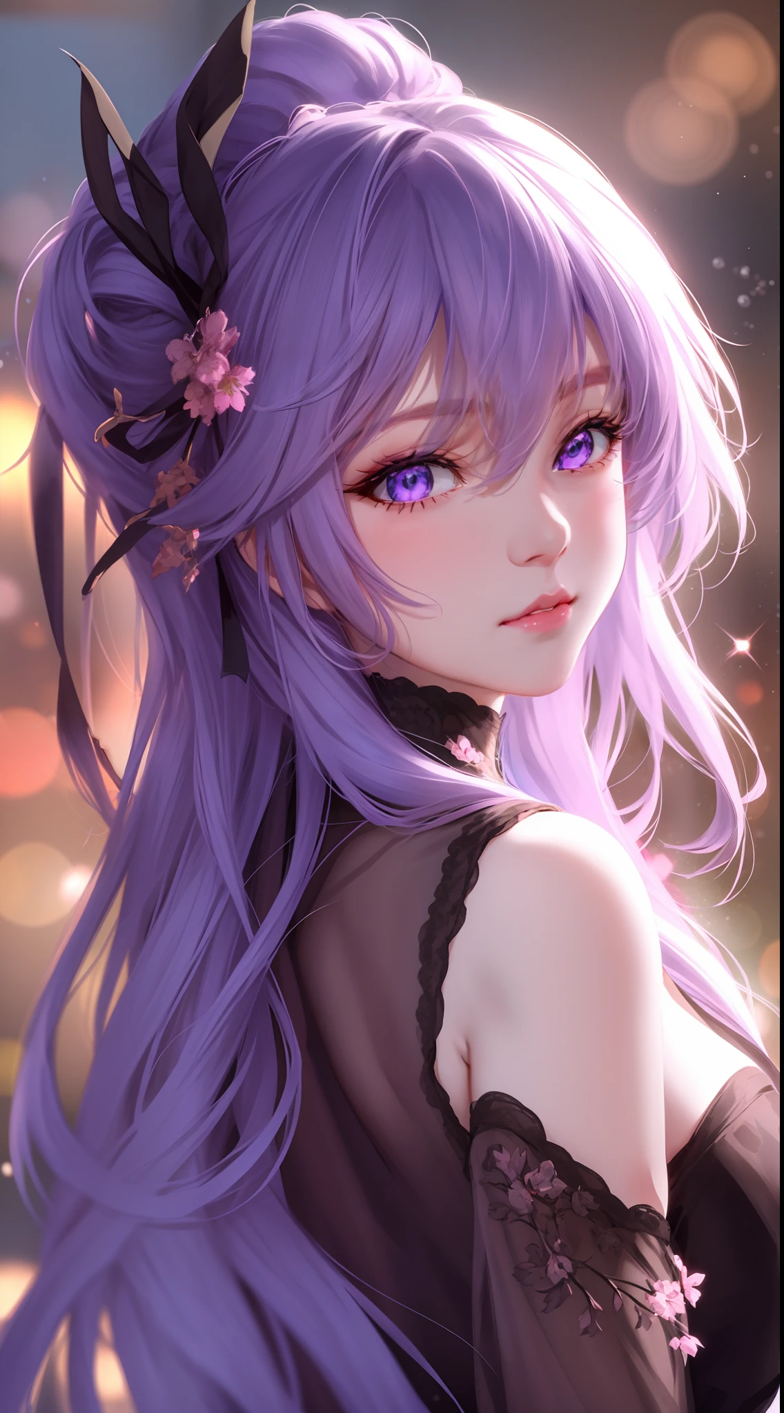 Anime girl with purple hair and black top with flowers in her hair, anime style 4 k, Beautiful Anime Portrait, artwork in the style of guweiz, guweiz, Anime style. 8K, Beautiful anime girl, Portrait Anime Girl, Stunning anime face portrait, 8k artgerm bokeh, 8k high quality detailed art