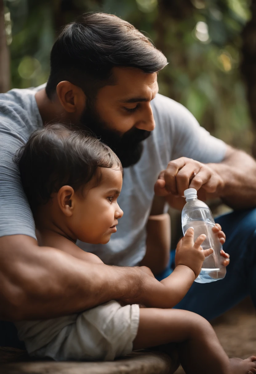 Homem adulto de barba e careca, Sitting next to a child drinking water from his white bottle