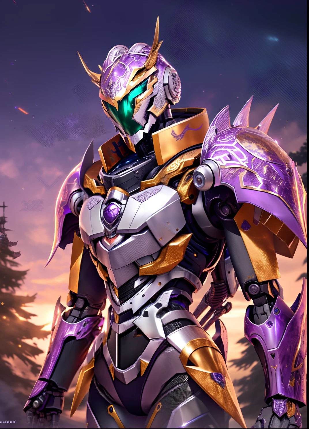 Close-up of a robot dressed in purple and gold, gold paladin, intricate glowing mecha armor, Purple armor, the golden cat armor knight, cool mecha style, Mecha suit, tremendous mecha robot, sharp silver armor fuchsia skin, intricate assasin mecha armor, Mecha armor, intricate mecha armor