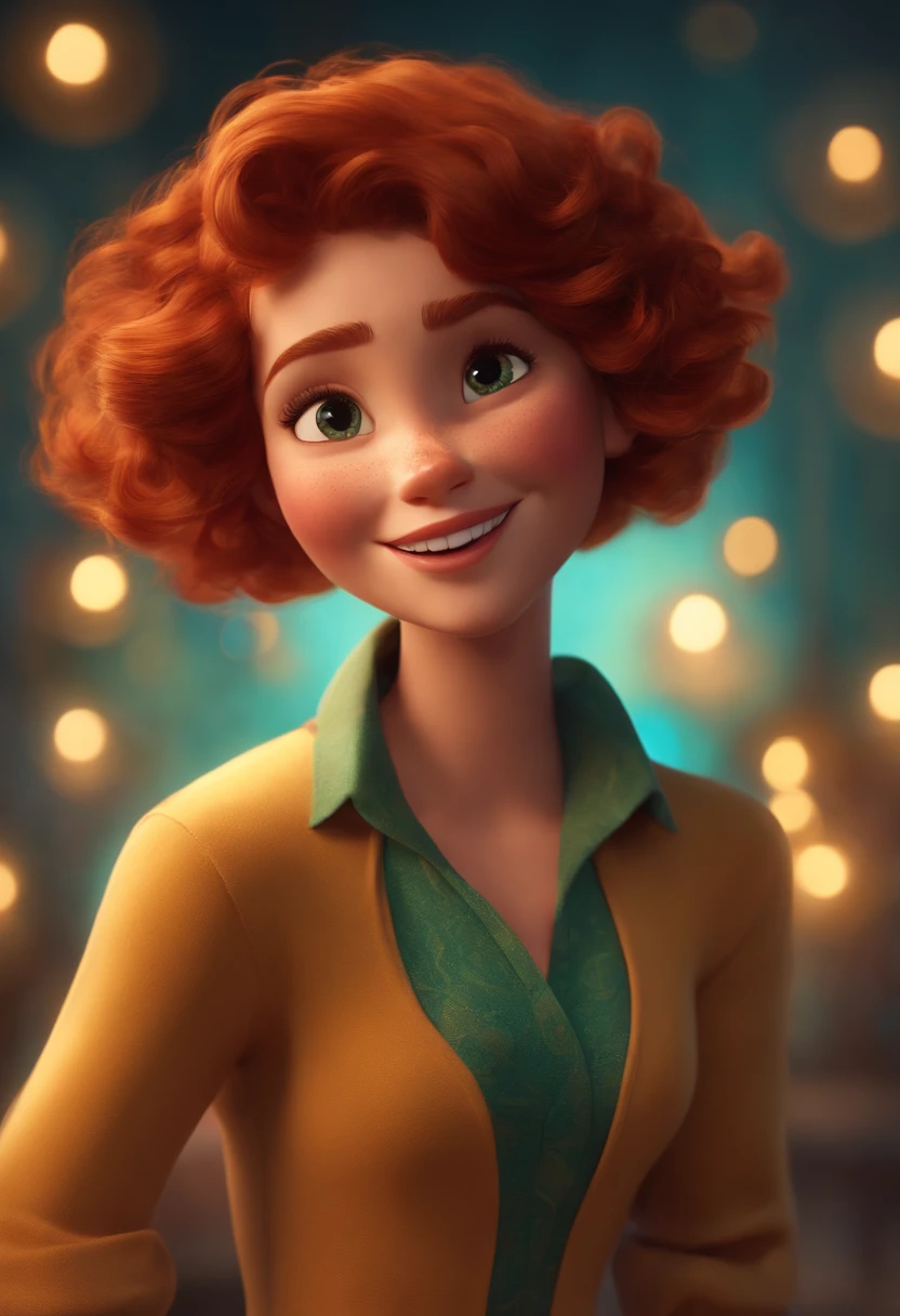 Pixar style image with 3D character brown eyes redhead woman short curly hair dancing, Maquiagem Disney, bonitinha, sorridente ,Close-up, Pixar, Disney, Cinema lighting,