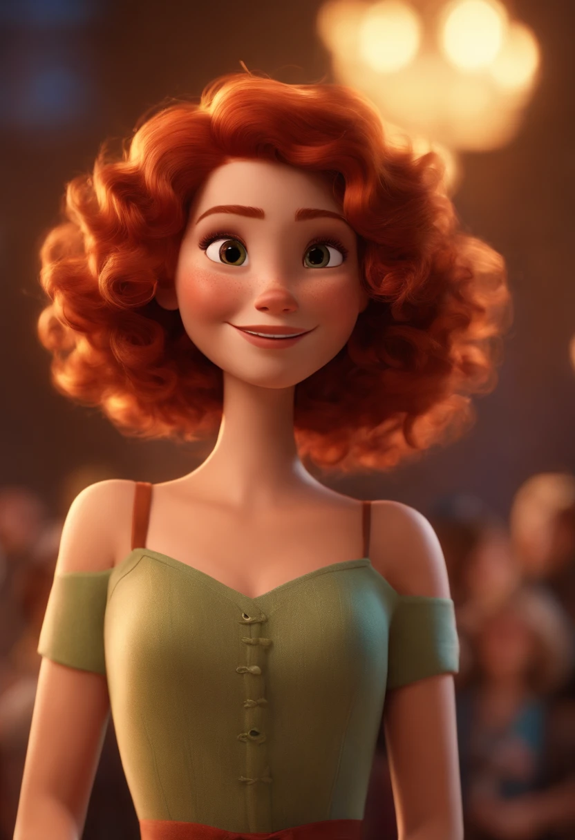 Pixar style image with 3D character brown eyes redhead woman short curly hair dancing, Maquiagem Disney, bonitinha, sorridente ,Close-up, Pixar, Disney, Cinema lighting,