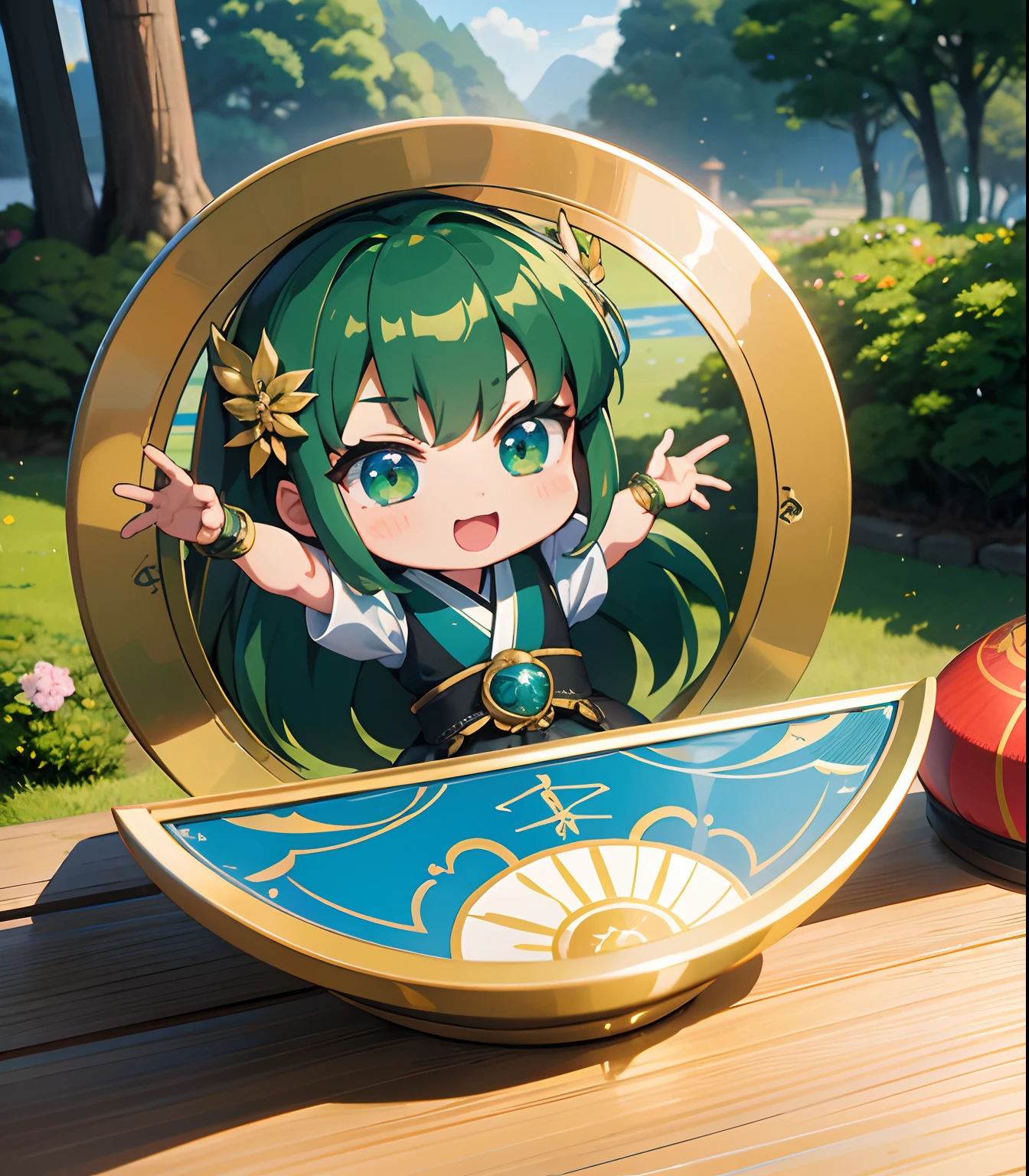 (masterpiece、top-quality、ultra-detailliert、Best Shadows)、细致背景、a sticker、hight resolution、ultra-detailliert、((Lady))、(Chibi Chara),Beautiful hair、verdant、foliages、Green、kawaii faces、A detailed eye、Women in Japan、noble、livestream、Charisma Idol Pose、Detailed hand、perfect hand、intricate detailes、Famous Private Schools