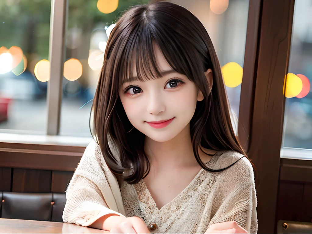 1girl in, Black hair, (12 years old:1.3),
Girl sitting at a table across from me in a café, There is a latte on the table.., Cafe Latte, She looks at me and smiles, (Whole body:1.3),
(8K, Raw photo, Best Quality, masutepiece:1.2), high-definition RAW color photography, professional photograpy,(Realistic, photographrealistic:1.2), ((Best Quality)), Bokeh, F/2.8, 35 mm,
japanaese girl, Detailed beautiful face, Detailed face, (smile shy:1.2),seducting smile, Beautiful, extremely pretty, cute like a doll, Lori, female idol, round big eyes, small nostrils,
