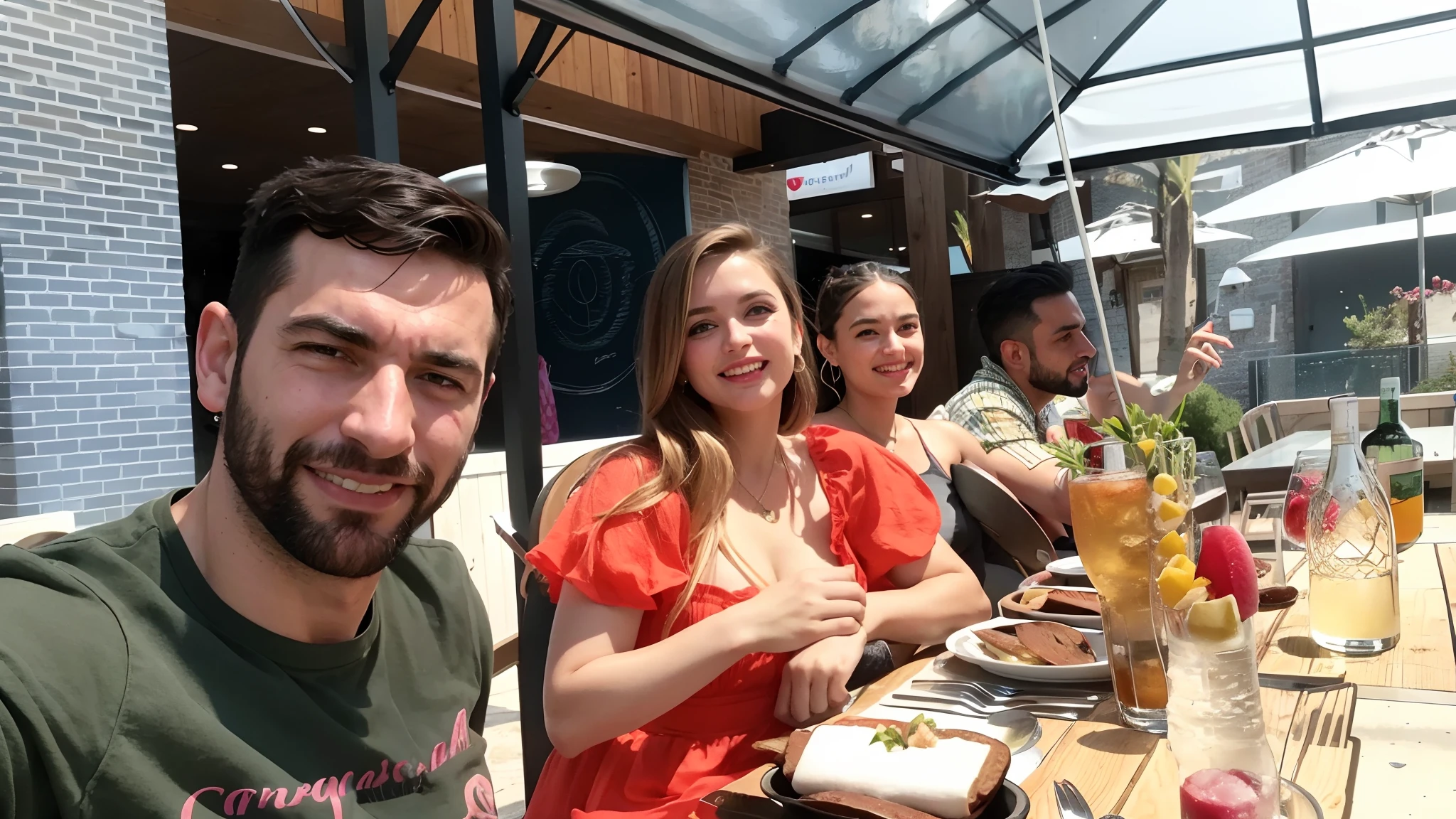 several people sitting at a table with plates of food and drinks, 🤬 🤮 💕 🎀, by Romain brook, family photo, beautiful people, 4k post, 4 k post, profile pic, instagram story, aykut aydogdu, profile image, profile picture, group photo, group sit at table, looking happy, by Nándor Katona