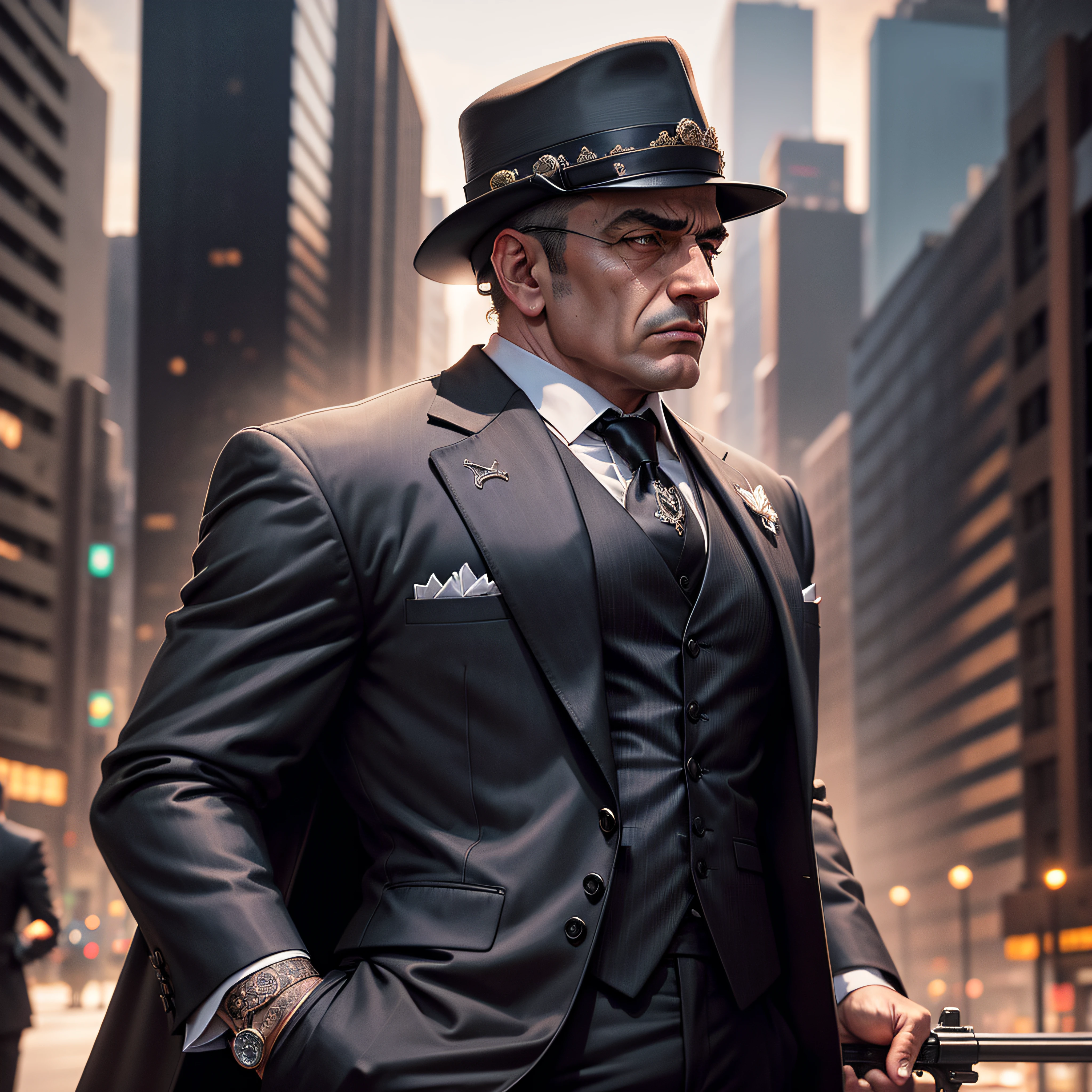 mobster gangster with black three-piece suit and uzi, gangster, mafia, city backdrop, realistic, stylish, intricate details, hyperdetailed, cinematic, rim light,