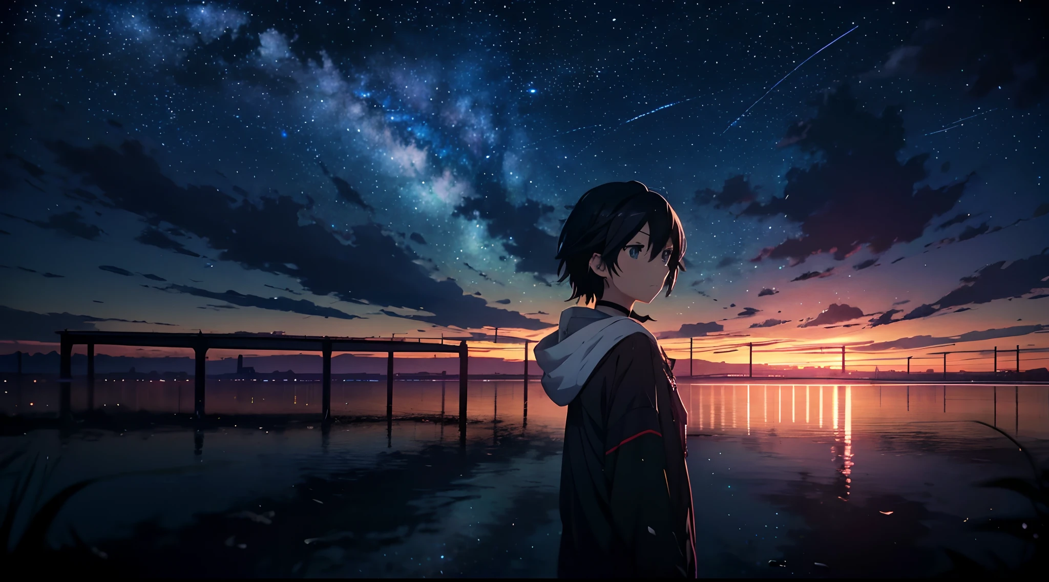 hyper HD，8K，starrysky，kosmos，the night，extreme light，Makoto Shinkai's concept art，Tumbler，magic realism，Beautiful anime scenes，Cosmos Sky。 by makoto shinkai, ( ( By Shinkai Makoto ) ), Anime Background Art, anime backgrounds, style of makoto shinkai, anime movie background, Milky Way Express，without humans。 ● S4 high-quality masterpiece、landscapes、Anime train passing through a body of water on the tracks、Bright starry sky。Romantic train、pixiv、concept-art、Laffy art style、Reflectors。By Shinkai Makoto、lofi art、beautiful anime scene、Anime landscapes、Detailed landscape — width 672、style of makoto shinkai、style of makoto shinkai、Enhanced Detail。aauruha, long hair, multicolored hair, black choker, white hoodie, hood down, green jacket, open jacket, bottomless