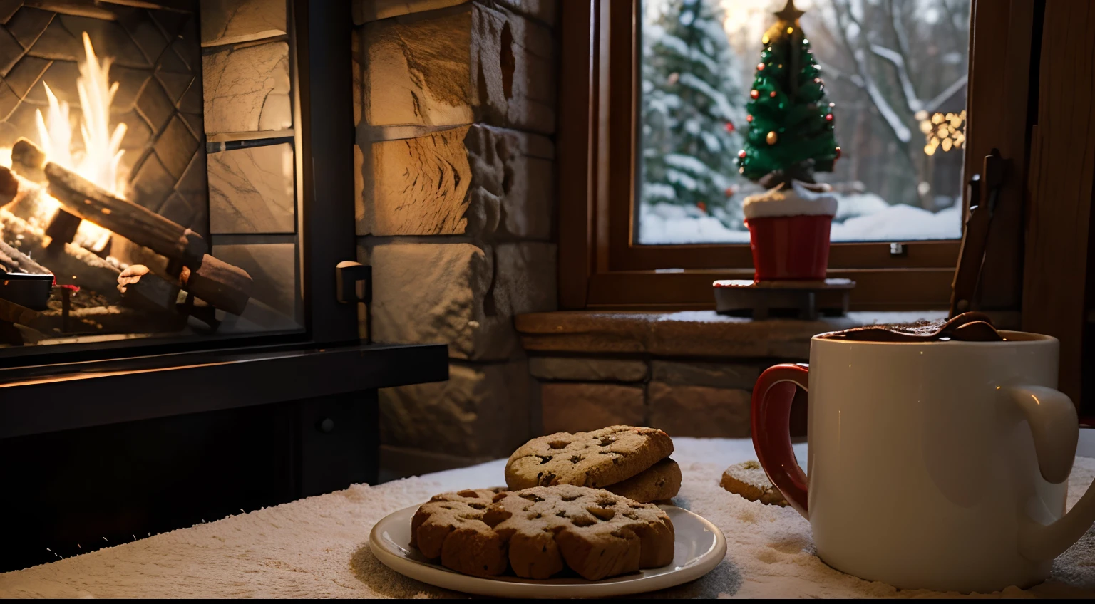 a cozy christmas ambience, with all christmas objects, a large christmas trees a table with christmas snacks and coffee and a pretty fireplace and a christmas window, christmas cookies over the table