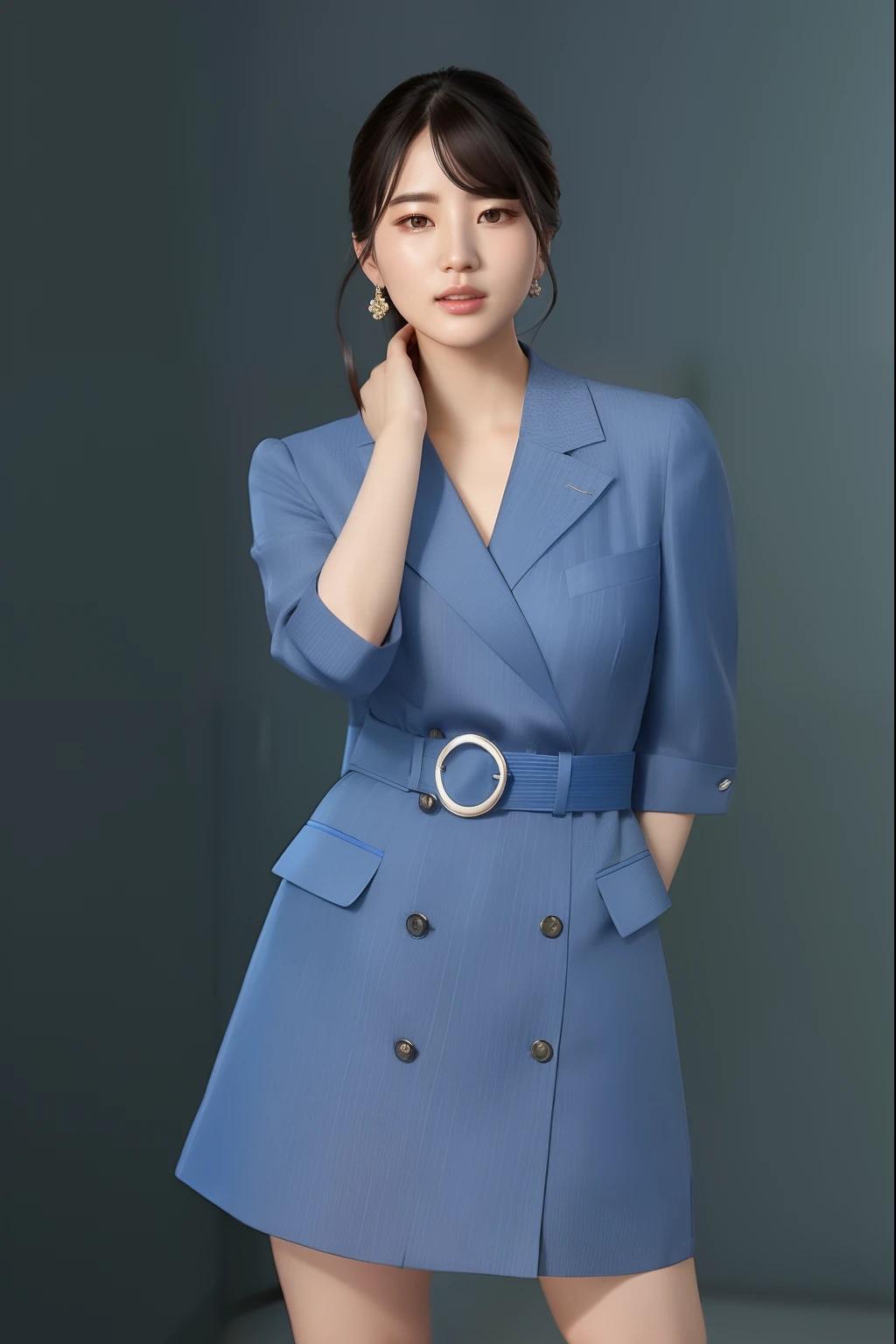 A woman wearing a blue dress and a belted jacket, bae suzy, wearing a blue qipao dress, in a blue qipao, full-body xianxia, Inspired by Huang Ji, inspirado por Kim Jeong-hui, song hye - kyo, Lu Ji, jinyiwei, Li Zixin, Blue coat, inspired by Yao Tingmei