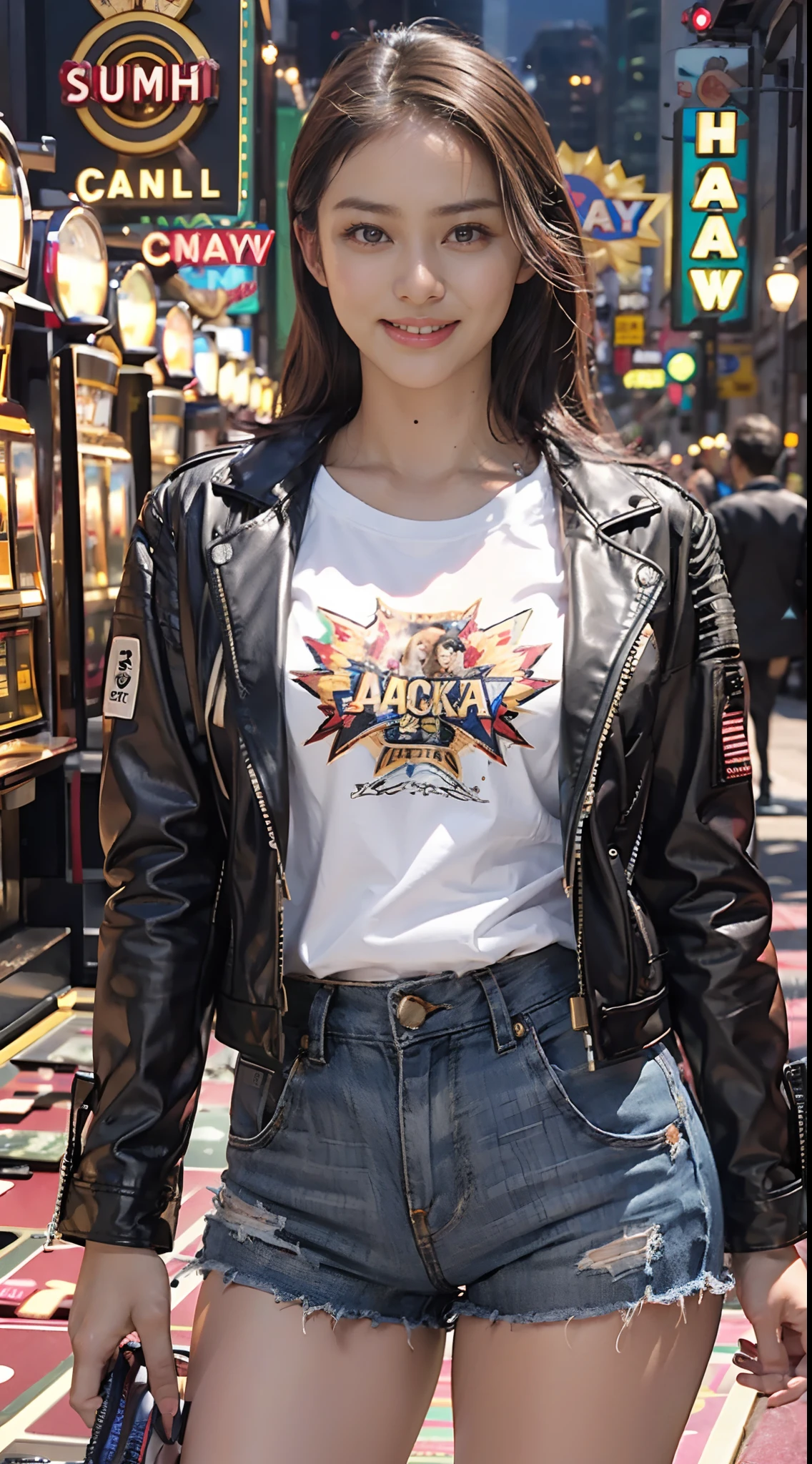 8k, Top Quality, (Beauty), High Definition, Realistic, Real Person, Jackpot at Slot Machine, Guts Pose, Smiling, Screaming, One Young Pretty Girl, Shiny Enamel Shorts, T-shirt So Short That Makes You Hungry, Short Leather Jacket, (Wearing a lot of fancy accessories)), High Heels