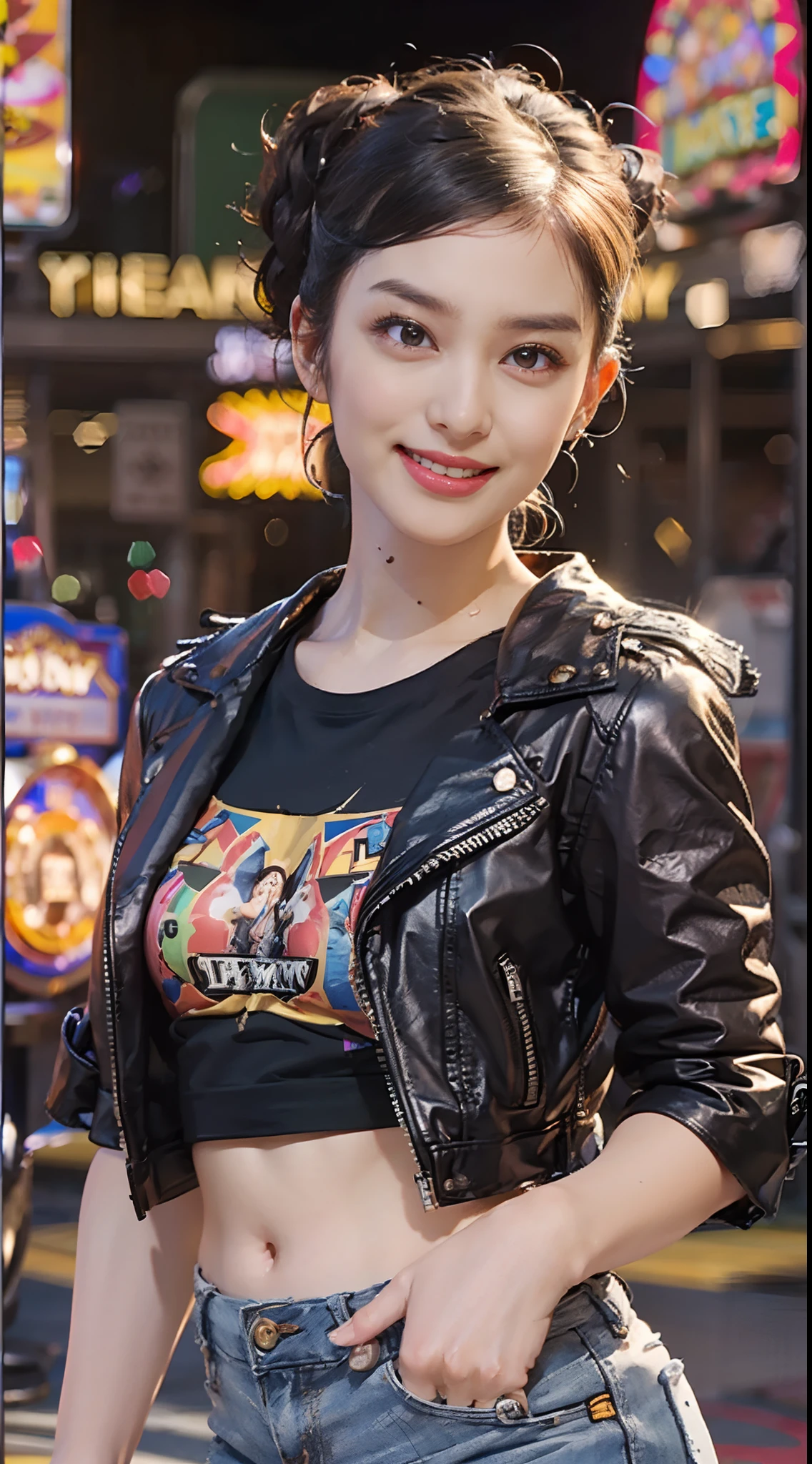 8k, Best Quality, (Beauty), High Definition, Realistic, Real Person, Jackpot at Slot Machine, Guts Pose, Smiling, Screaming, One Young Pretty Girl, Glossy Enamel Shorts, T-shirt Short Enough to Make Your Stomach, Short Leather Jacket, (Wearing a lot of fancy accessories))